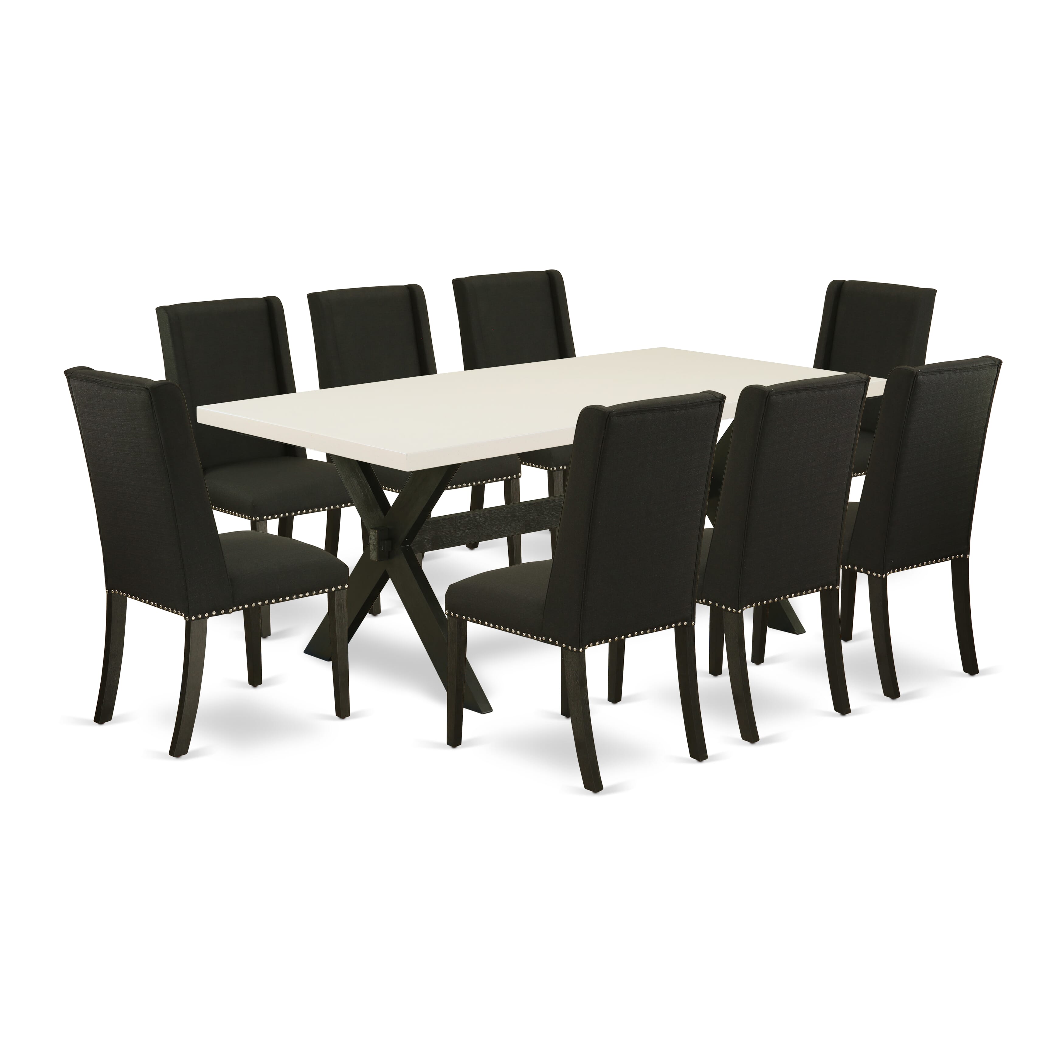 Juego de comedor de 9 piezas East West Furniture X627FL624-9. Incluye una mesa de comedor rectangular con patas en forma de X y 8 sillas Parson tapizadas en tela de lino negro.