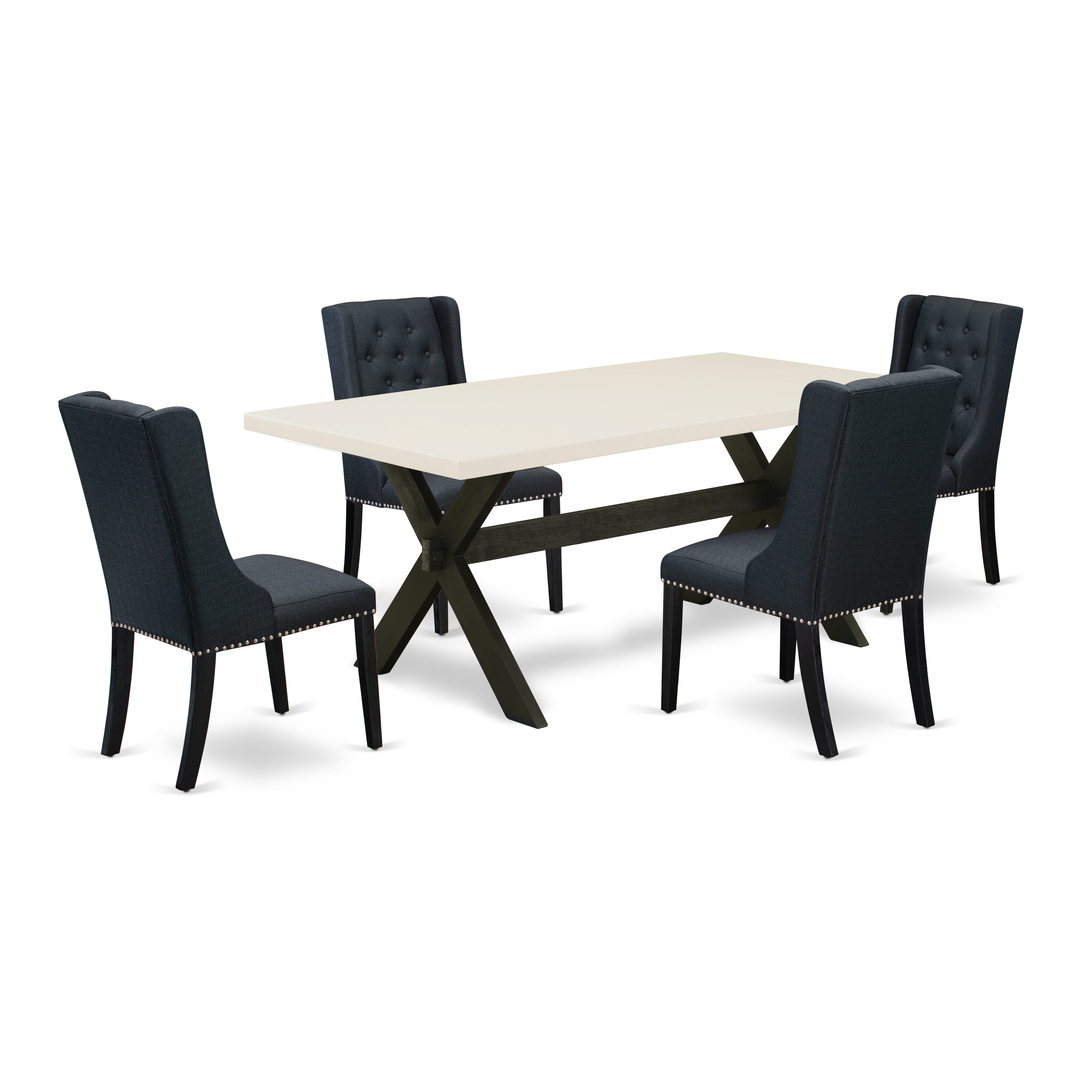 East West Furniture X627FO624-5 - 5 Piece Dining Room Set Includes 4 Black Linen Fabric Padded Chair with Button Tufted and linen white Dining Room Table - Wire Brush Black Finish