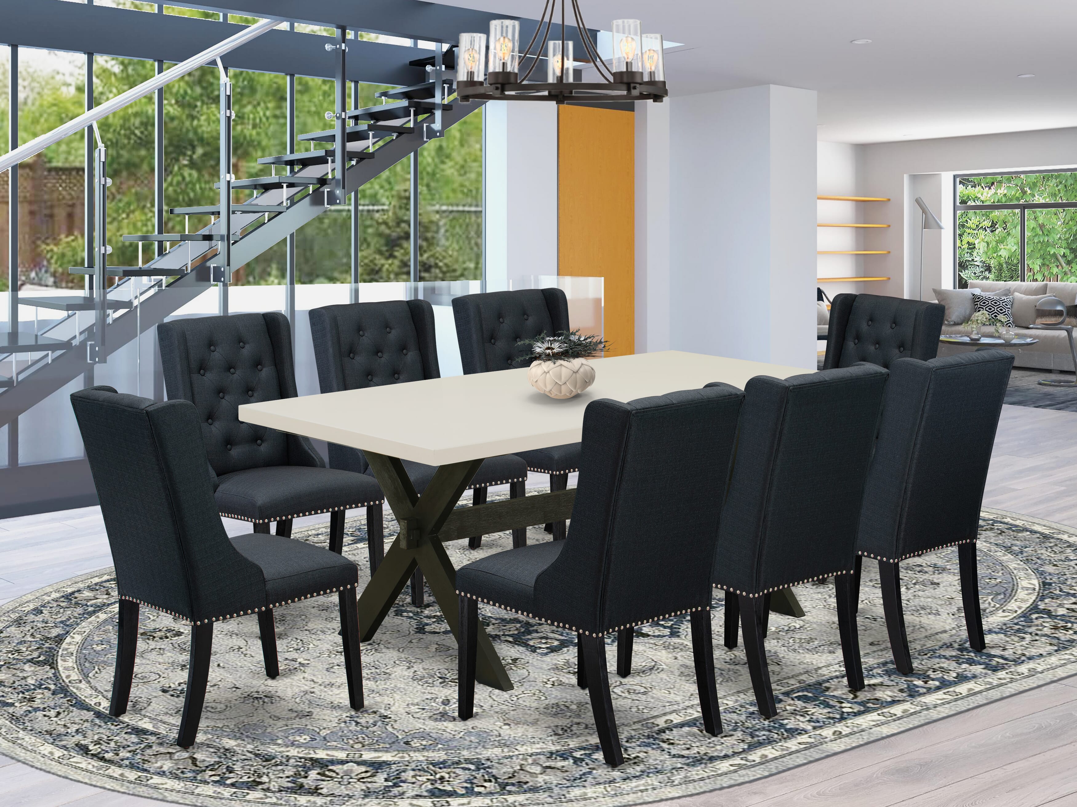 East West Furniture X627FO624-9 9 Piece Dining Set - 8 Black Linen Fabric Dining Chair Button Tufted with Nail heads and linen white Mid Century Dining Table - Wire Brush Black Finish