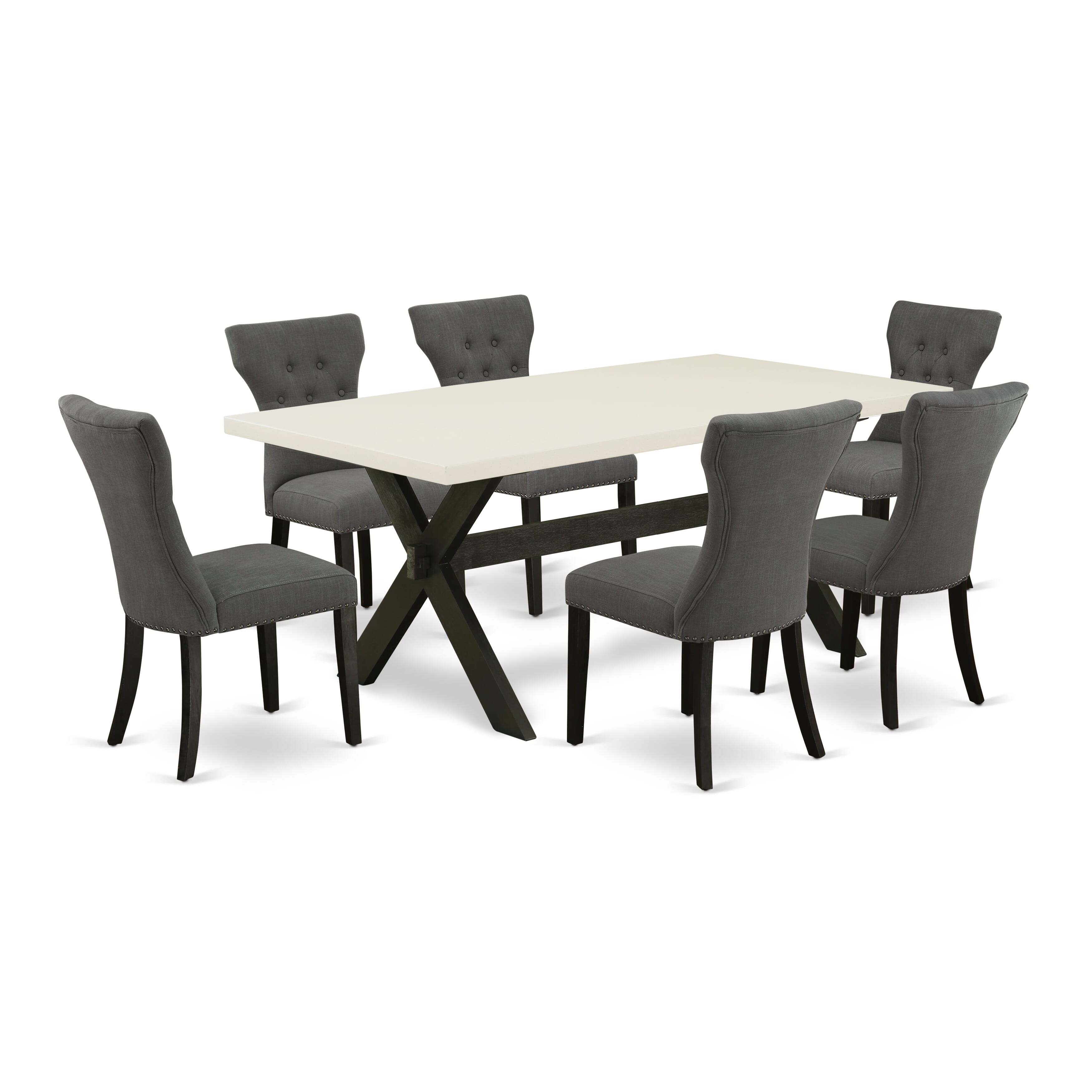 East West Furniture X627GA650-7 7-Pc a beautiful linen white dining room Table top and 6 Beautiful parson chairs with Nail heads and Button Tufted, Wire Brushed Black Finish
