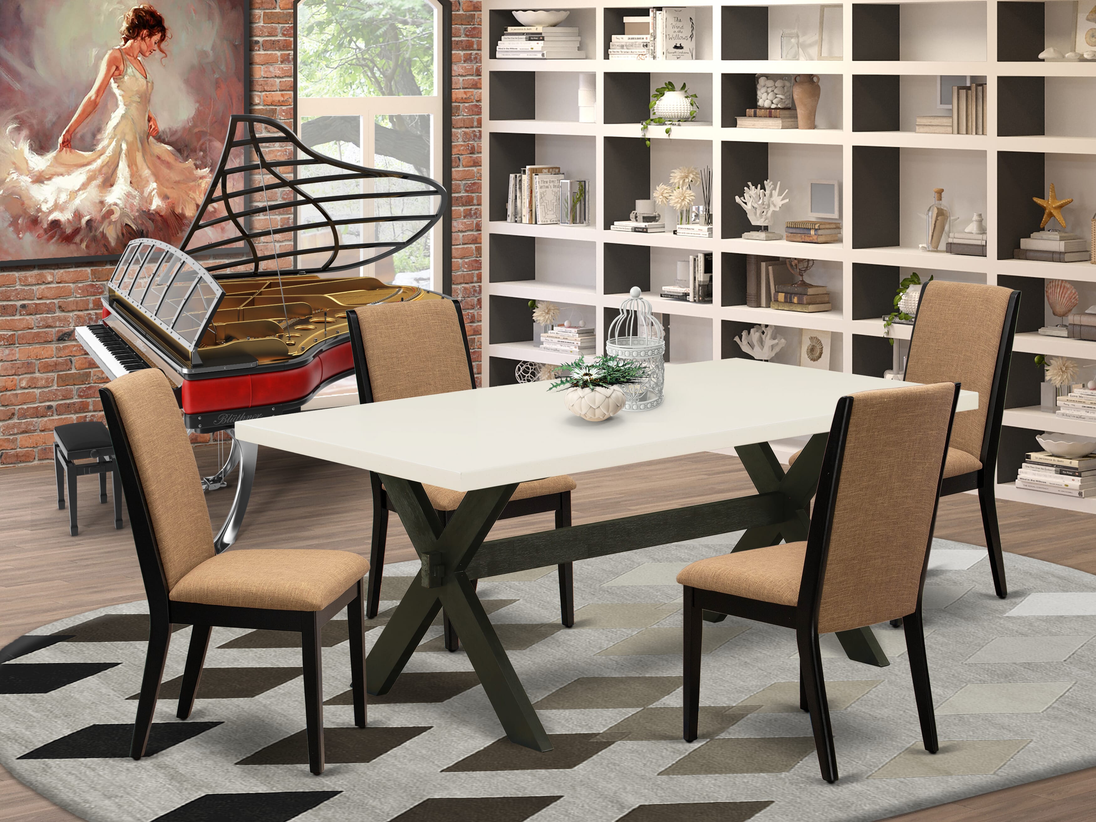 Juego de comedor de 5 piezas East West Furniture X627LA147-5. Incluye una mesa de comedor rectangular con patas en forma de X y 4 sillas Parson tapizadas en tela de lino color sable claro.