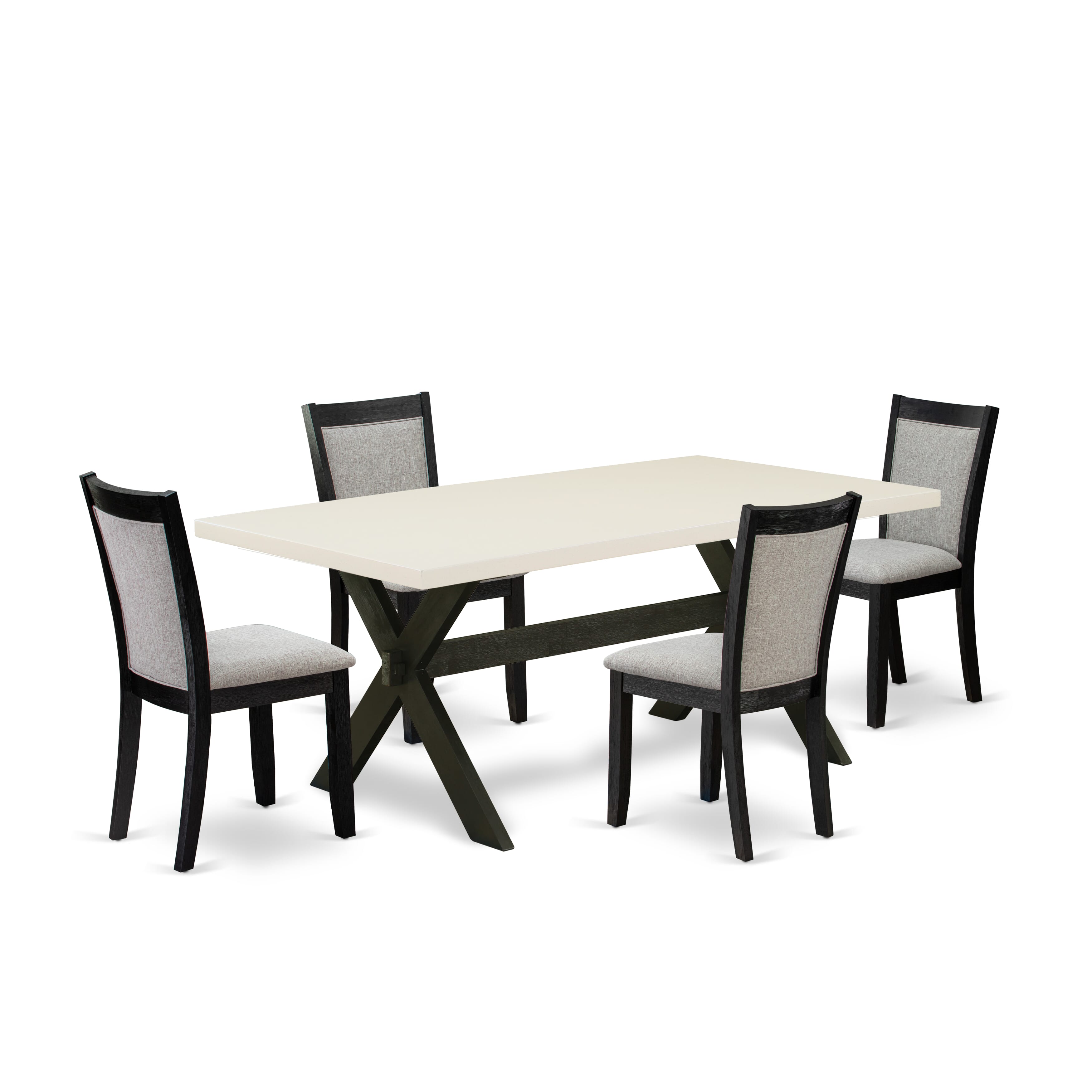 El juego de mesa de comedor de 5 piezas East West Furniture X627MZ606-5 incluye una mesa de cocina rectangular con patas en forma de X y 4 sillas de comedor Parsons de tela de lino Shitake.