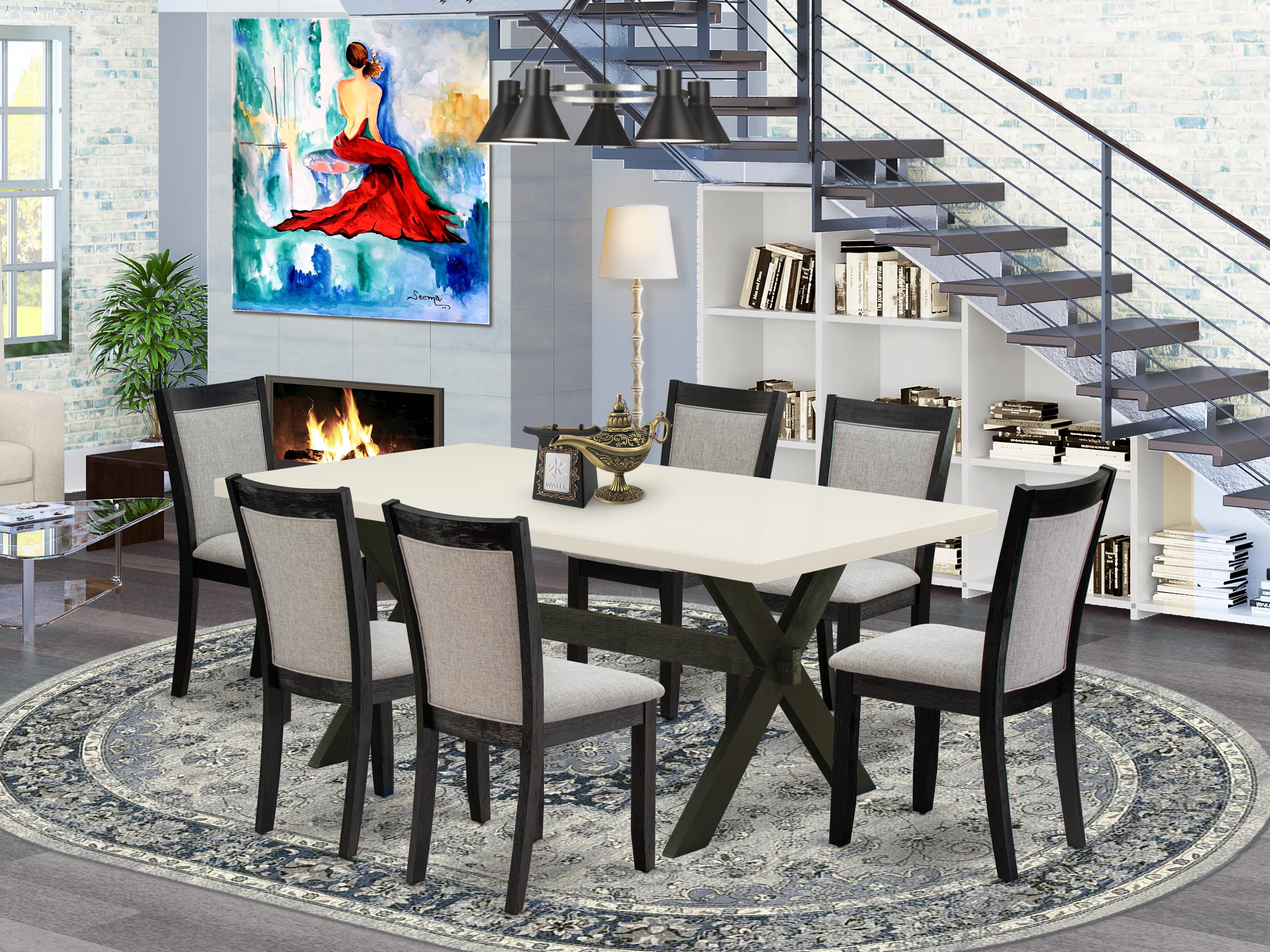 East West Furniture X627MZ606-7 7 Piece Table Set - linen white Top Wooden Table with Trestle Base and 6 Shitake Linen Fabric Kitchen Chairs - Wire Brushed Black Finish