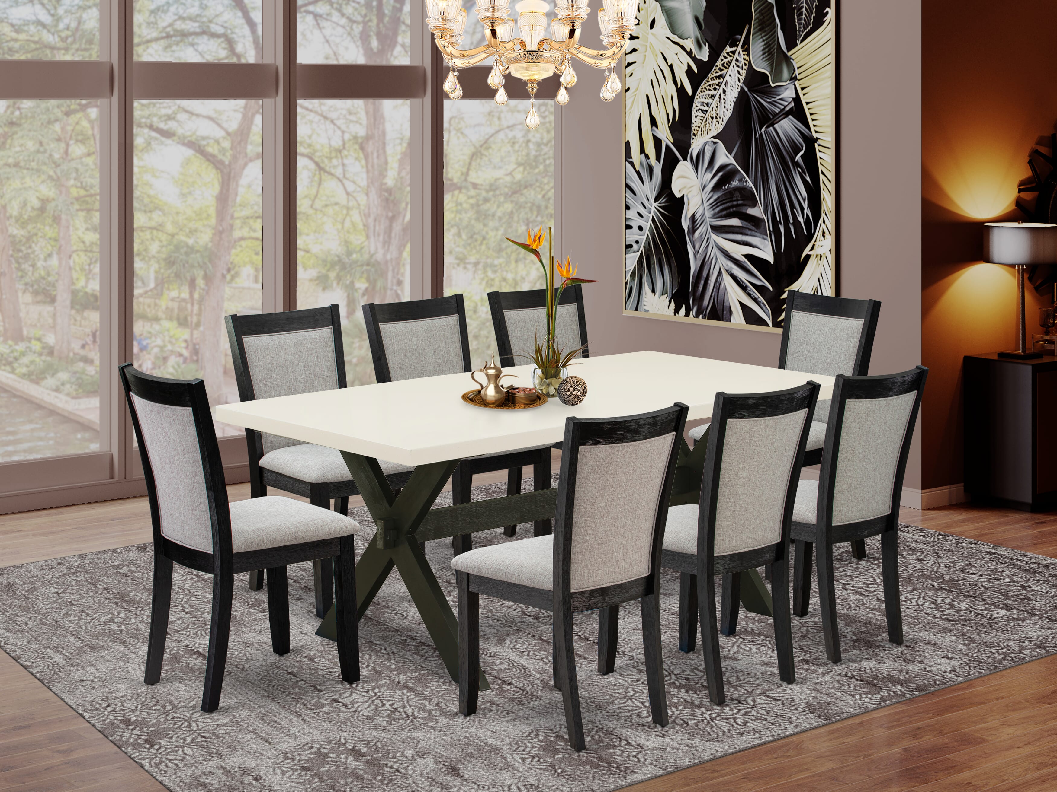 Juego de mesa de comedor moderna de 9 piezas East West Furniture X627MZ606-9. Incluye una mesa de comedor rectangular con patas en forma de X y 8 sillas tapizadas en tela de lino Shitake.