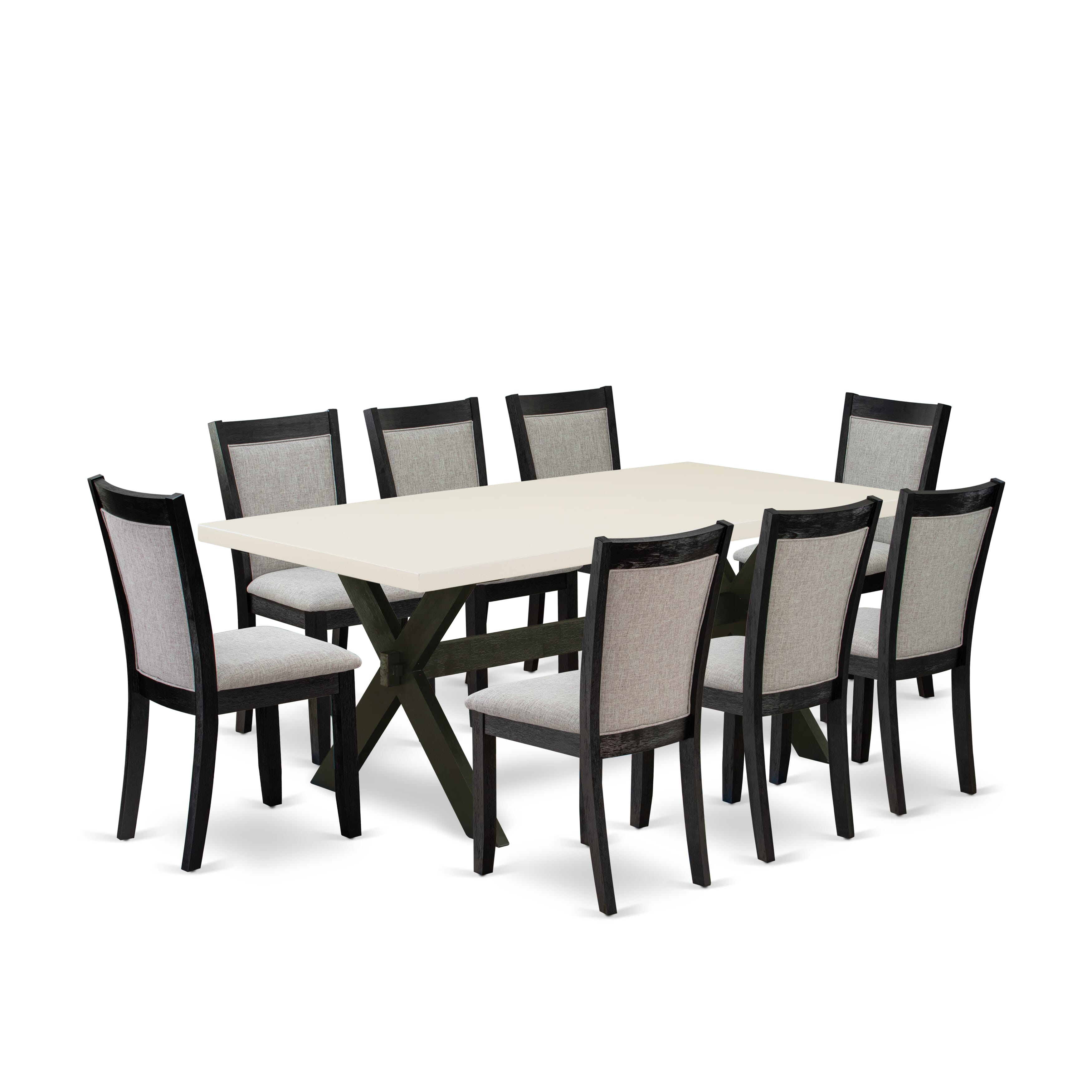 Juego de mesa de comedor moderna de 9 piezas East West Furniture X627MZ606-9. Incluye una mesa de comedor rectangular con patas en forma de X y 8 sillas tapizadas en tela de lino Shitake.
