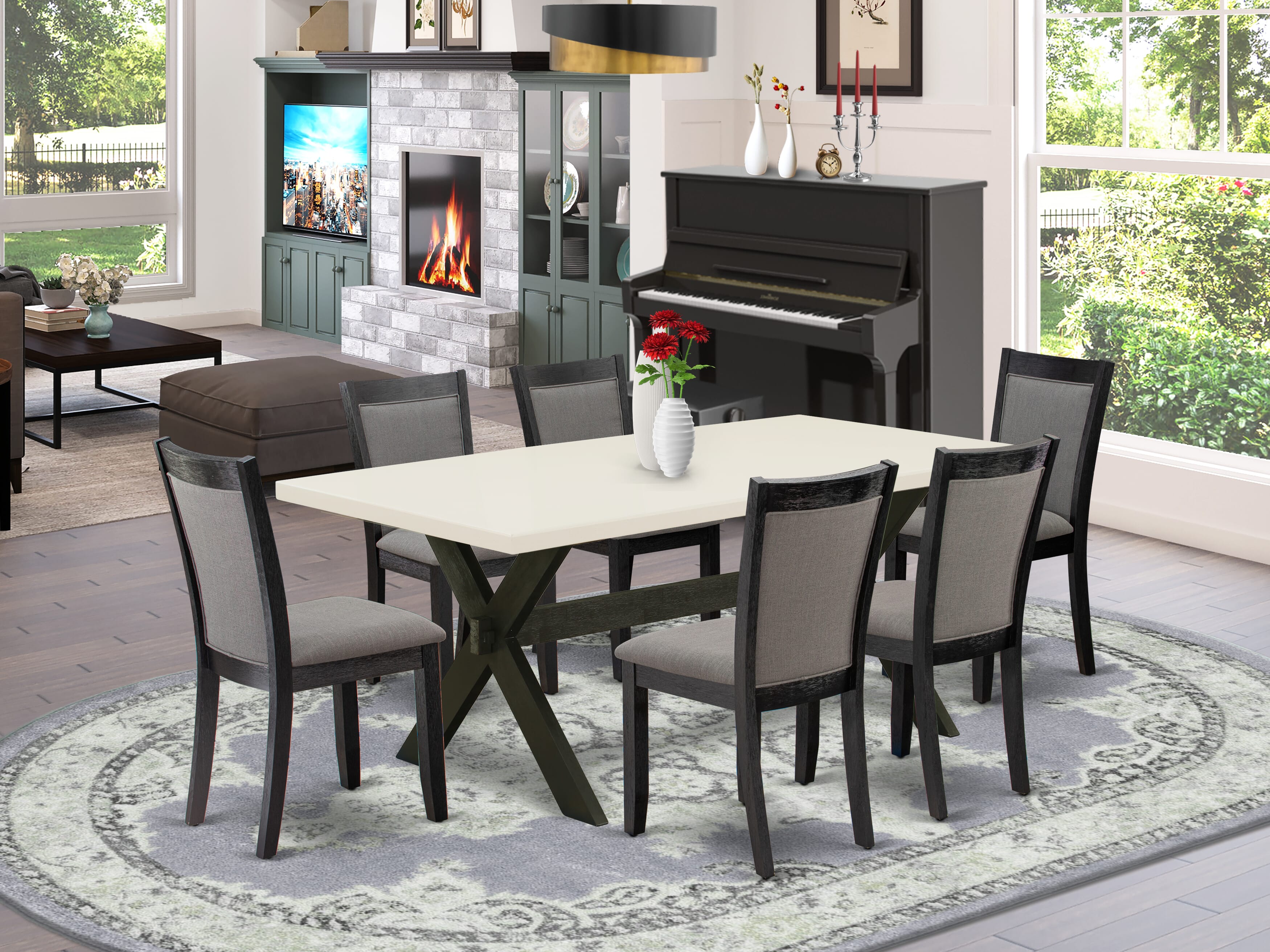 East West Furniture X627MZ650-7 7 Piece Kitchen Table Set - linen white Top Mid Century Dining Table with Trestle Base and 6 Dark Gotham Grey Linen Fabric Dining Chairs - Wire Brushed Black Finish