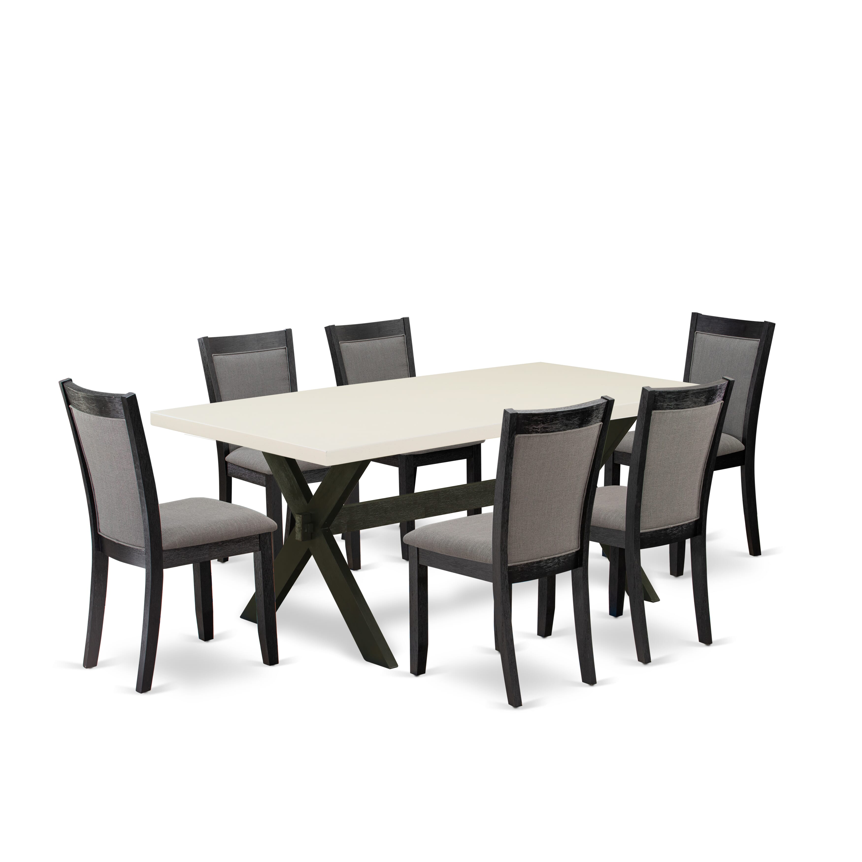 East West Furniture X627MZ650-7 7 Piece Kitchen Table Set - linen white Top Mid Century Dining Table with Trestle Base and 6 Dark Gotham Grey Linen Fabric Dining Chairs - Wire Brushed Black Finish