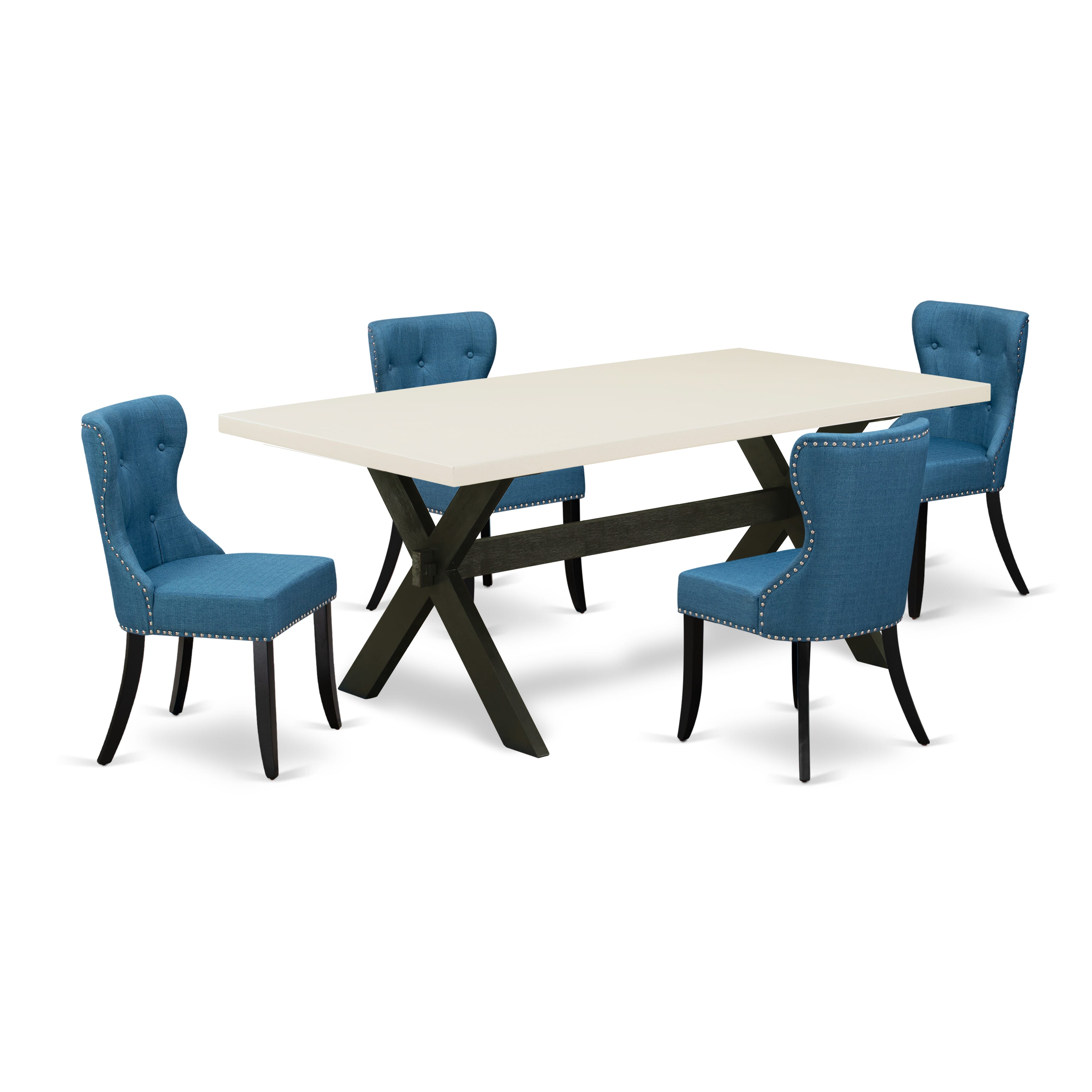 Juego de comedor de 5 piezas East West Furniture X627SI121-5. Incluye una mesa de comedor rectangular con patas en forma de X y 4 sillas tapizadas en tela de lino azul.