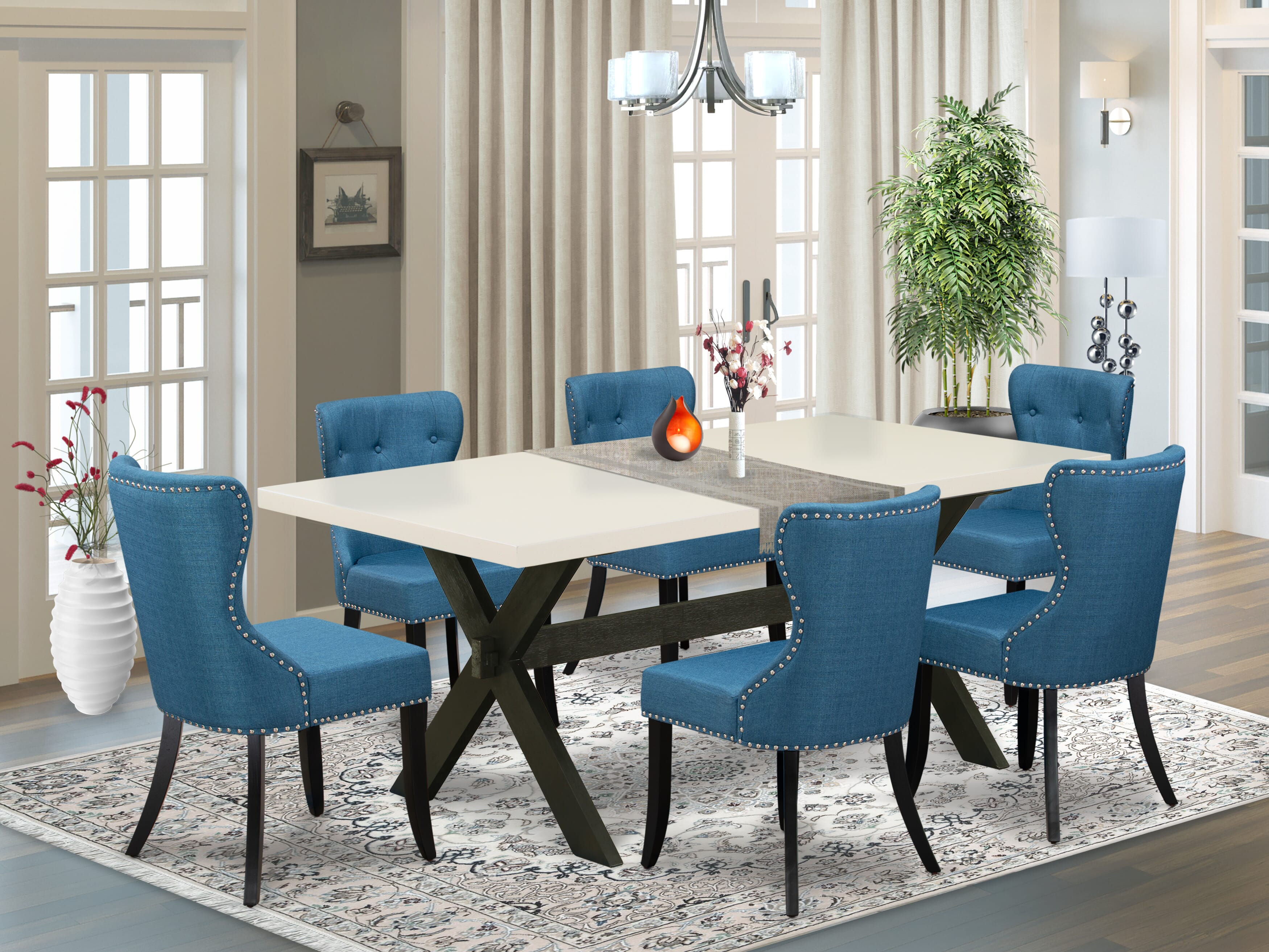 East West Furniture 7-Pc Dining Room Table Set- 6 padded parson chairs with Blue Linen Fabric Seat and Button Tufted Chair Back - Rectangular Table top & Wooden Cross Legs - linen white and Black Finish