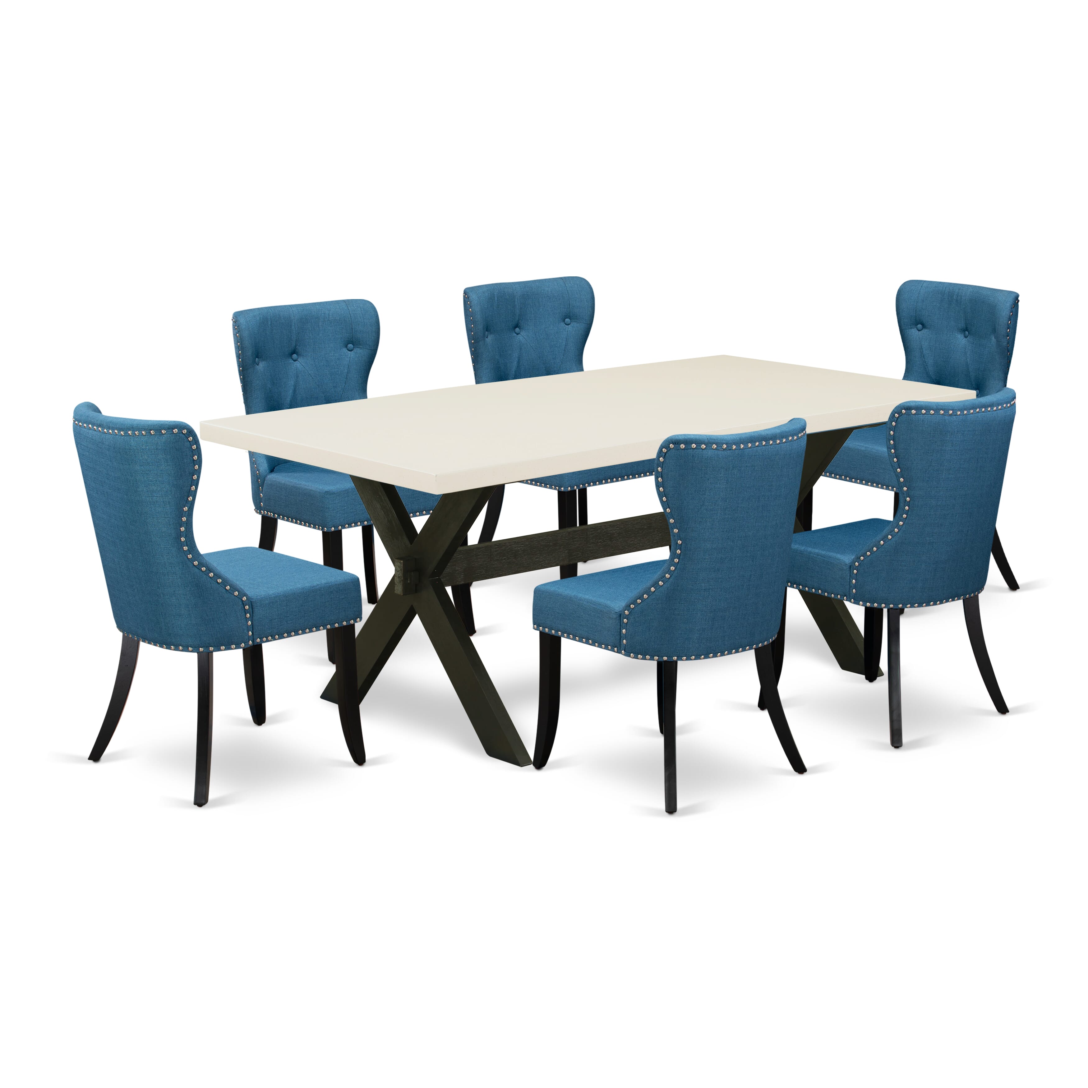 East West Furniture 7-Pc Dining Room Table Set- 6 padded parson chairs with Blue Linen Fabric Seat and Button Tufted Chair Back - Rectangular Table top & Wooden Cross Legs - linen white and Black Finish