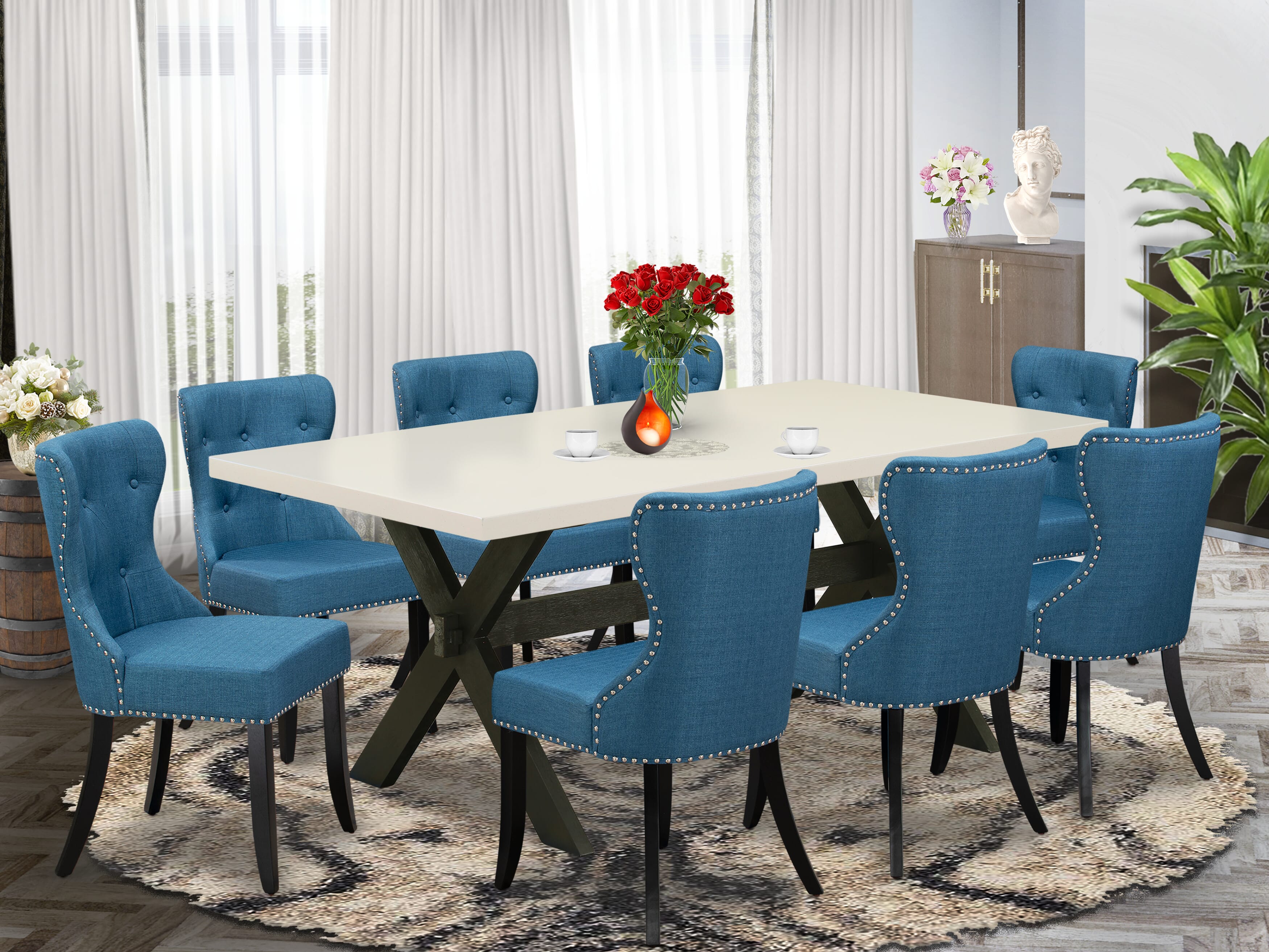 East West Furniture 9-Pc Dining Room Table Set- 8 Parson Dining Chairs with Blue Linen Fabric Seat and Button Tufted Chair Back - Rectangular Table top & Wooden Cross Legs - linen white and Black Finish