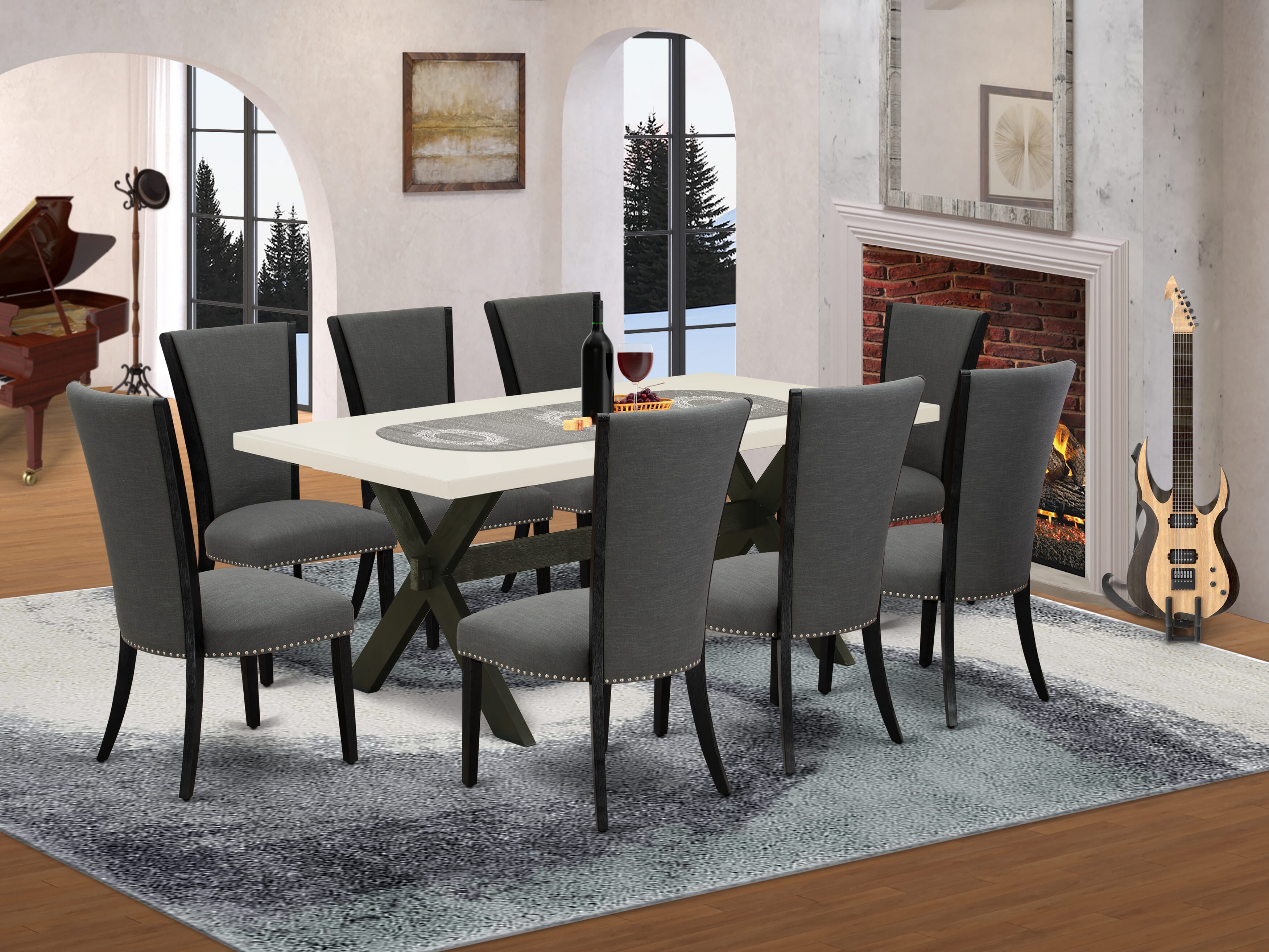 El juego de mesa de comedor East West Furniture X627VE650-9 de 9 piezas incluye una mesa de comedor rectangular con patas en forma de X y 8 sillas tapizadas en tela de lino Gotham oscuro.