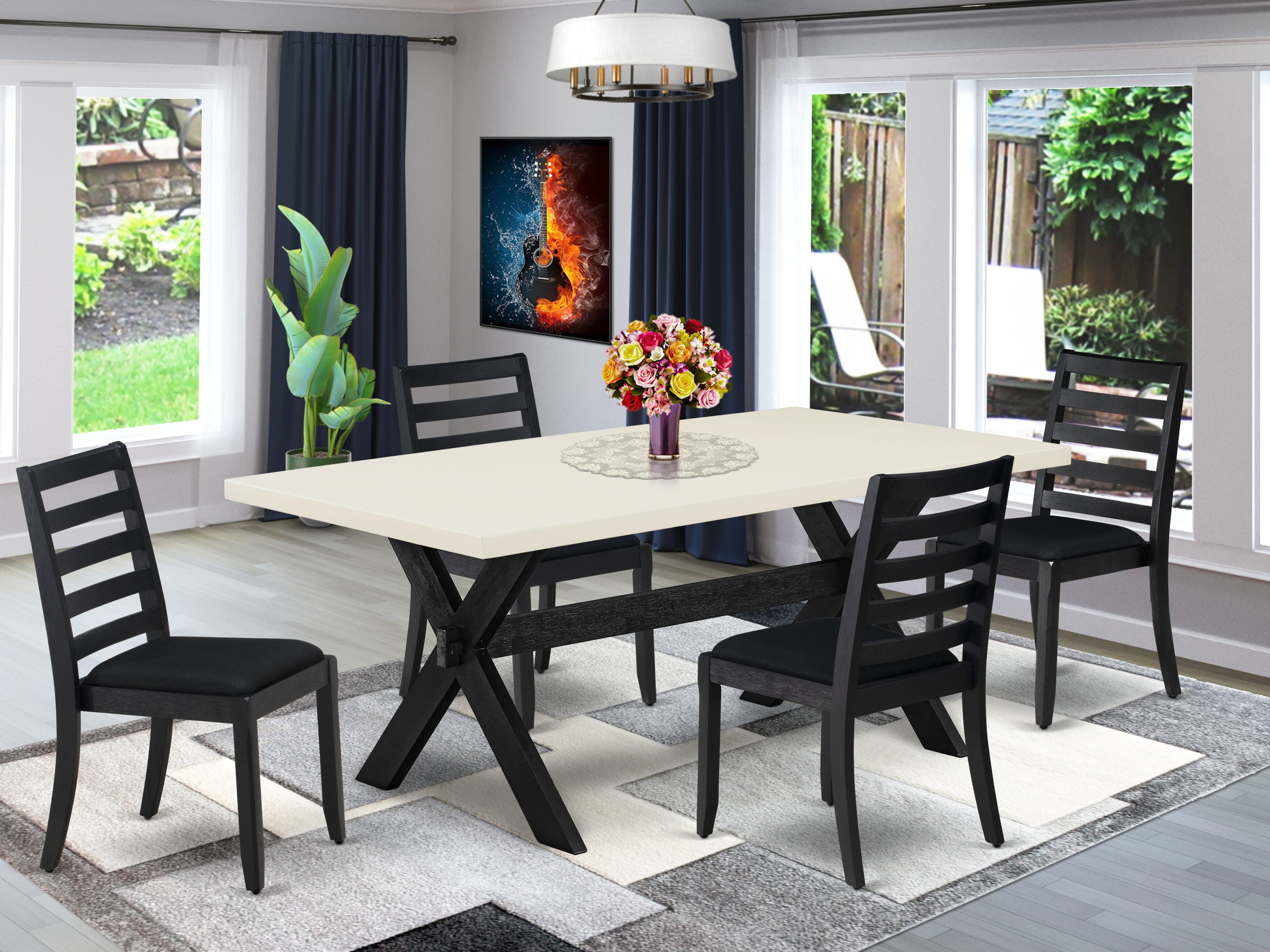 X627X1624-5 - 5-pc modern dining set - a kitchen table & 4 stackable chairs with Black Linen Fabric - Wire-brushed Black