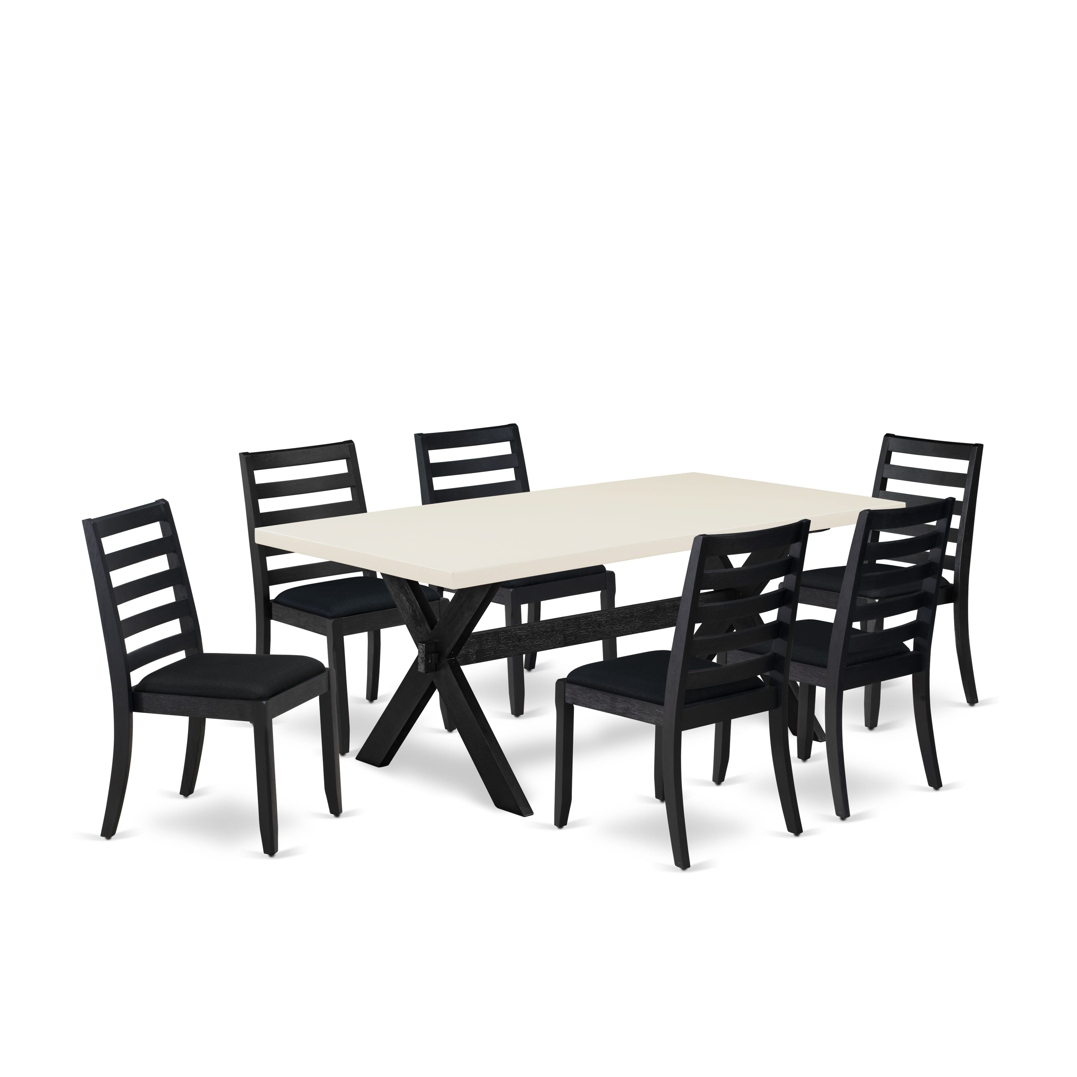 X627X1624-7 - 7-pc dining set - a wooden table & 6 stackable chairs with Black Linen Fabric - Wire-brushed Black