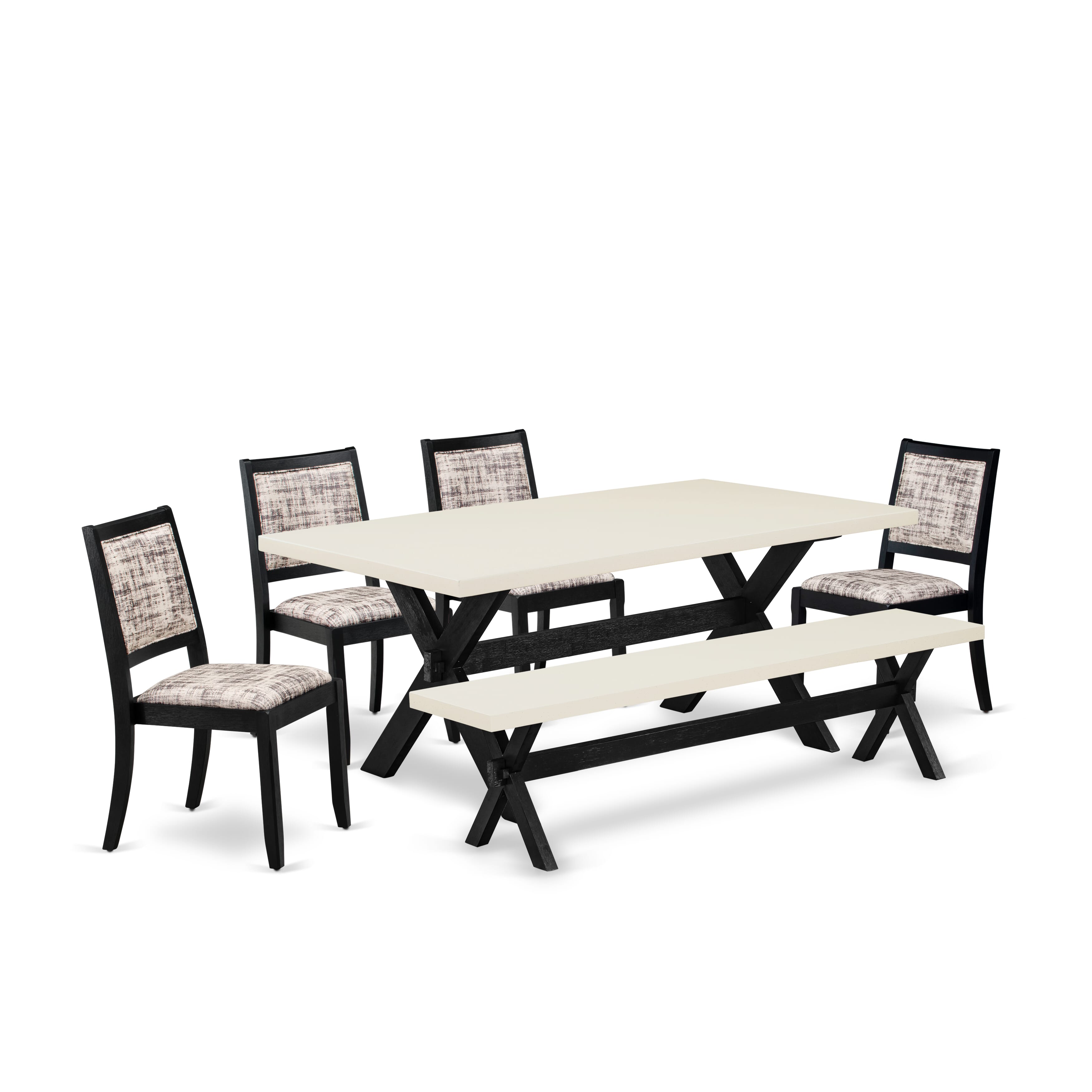 X627X2630-6 - 6-pc dining set - a table, a bench & 4 stackable chairs with White & Gray Pattern Faux Leather Fabric - Wire-brushed Black