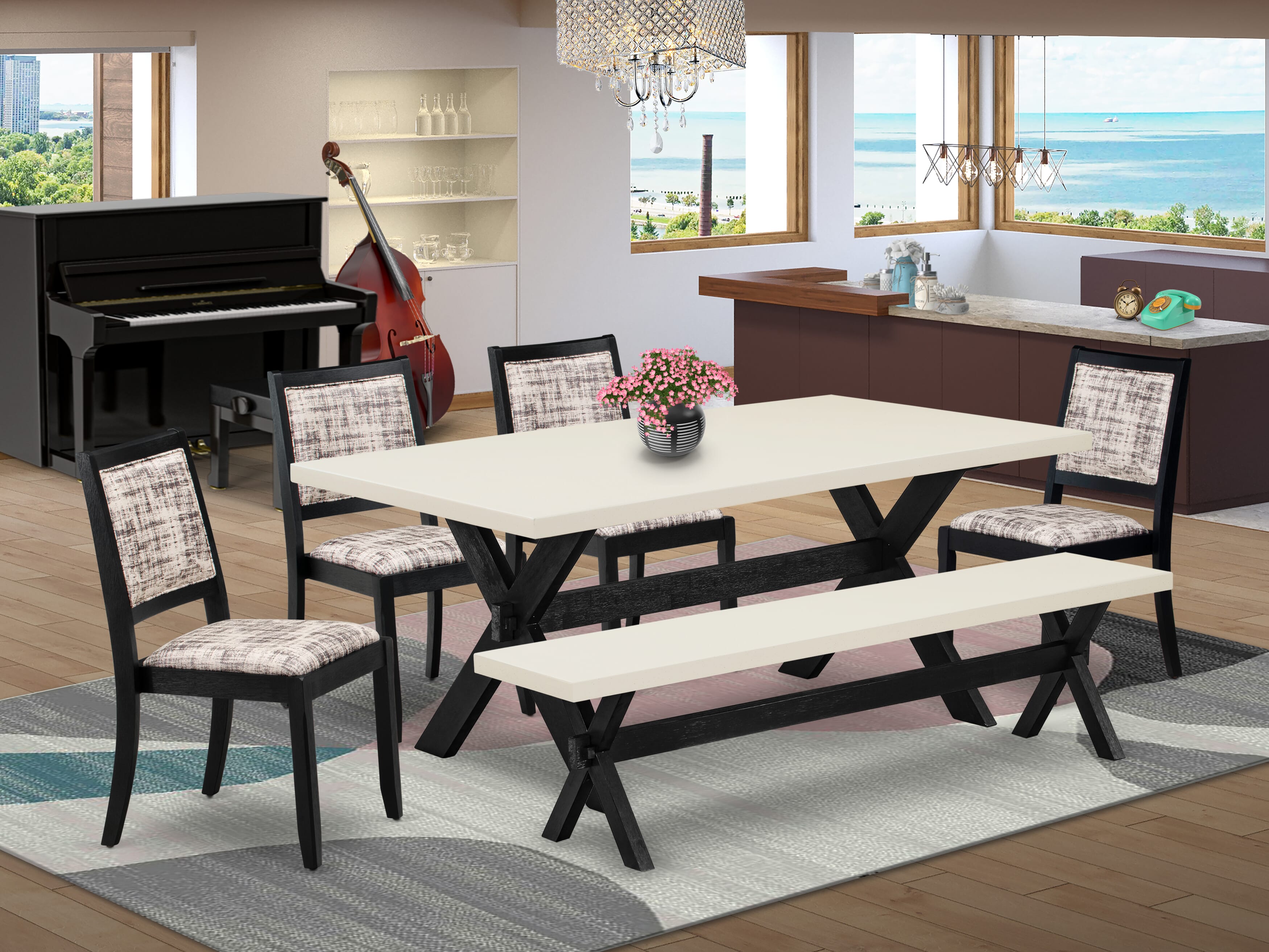 X627X2630-6 - 6-pc dining set - a table, a bench & 4 stackable chairs with White & Gray Pattern Faux Leather Fabric - Wire-brushed Black