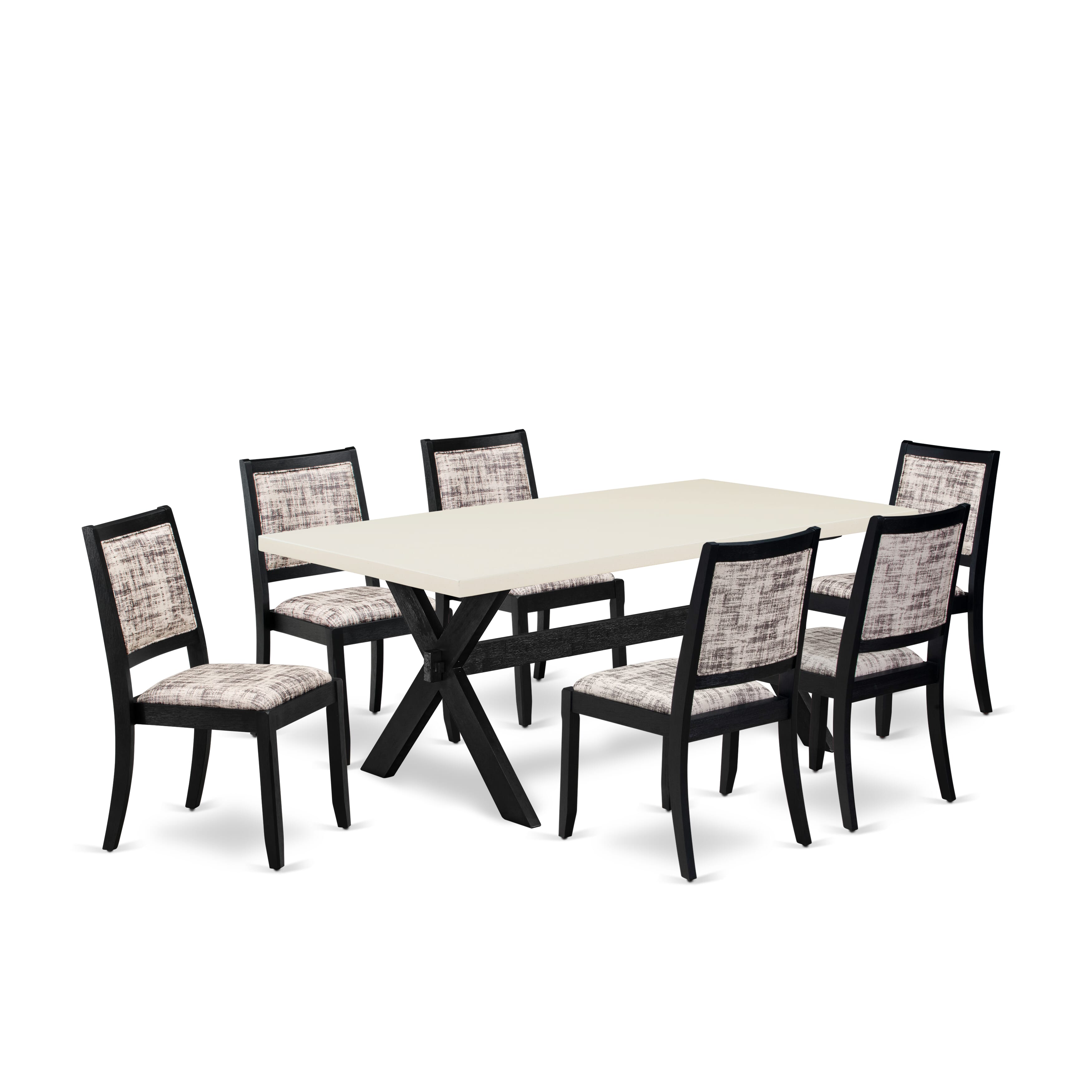 X627X2630-7 - 7-pc dining set - a dinner table & 6 stackable chairs with White and Gray Pattern Faux Leather Fabric - Wire-brushed Black
