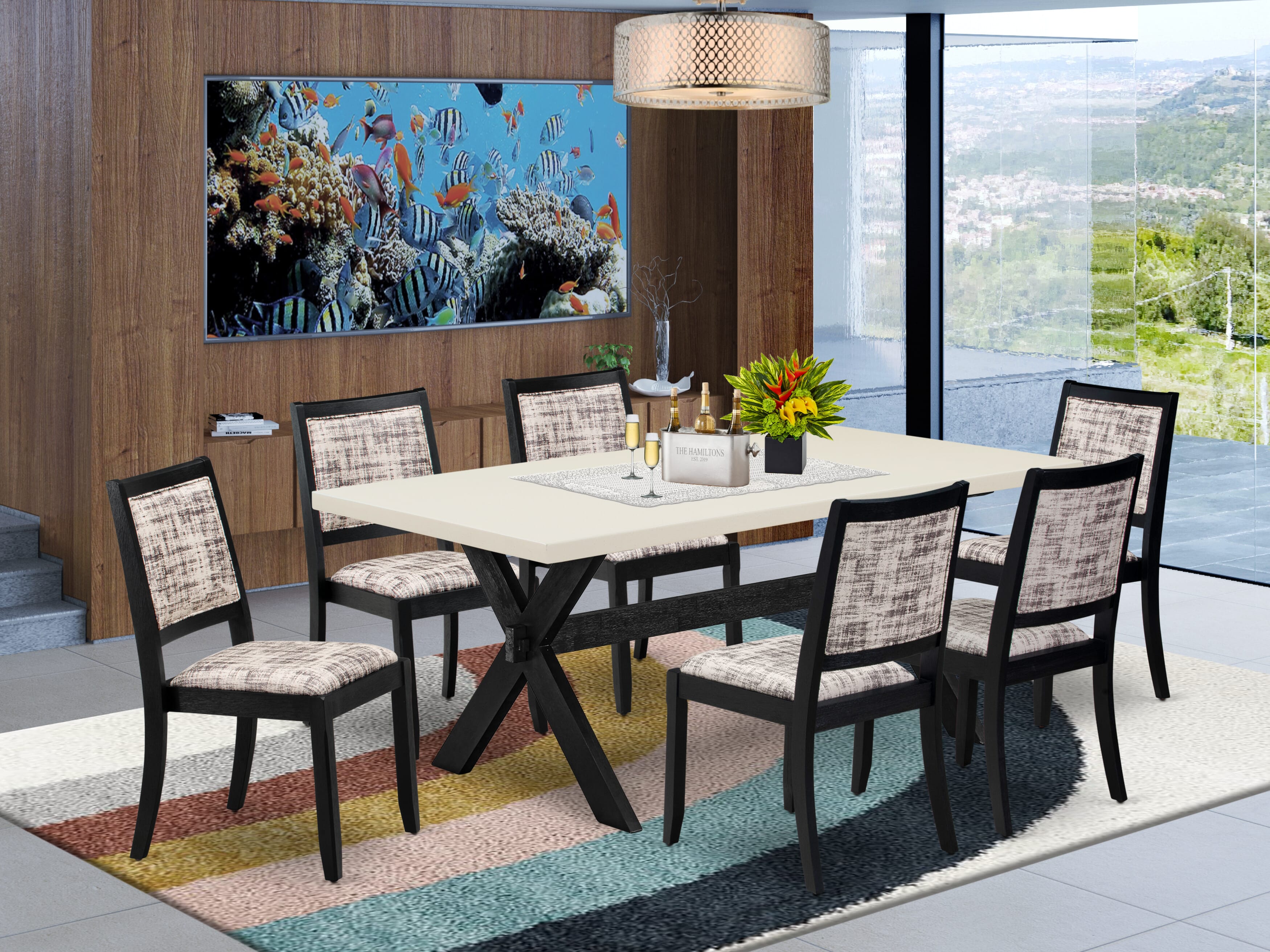 X627X2630-7 - 7-pc dining set - a dinner table & 6 stackable chairs with White and Gray Pattern Faux Leather Fabric - Wire-brushed Black