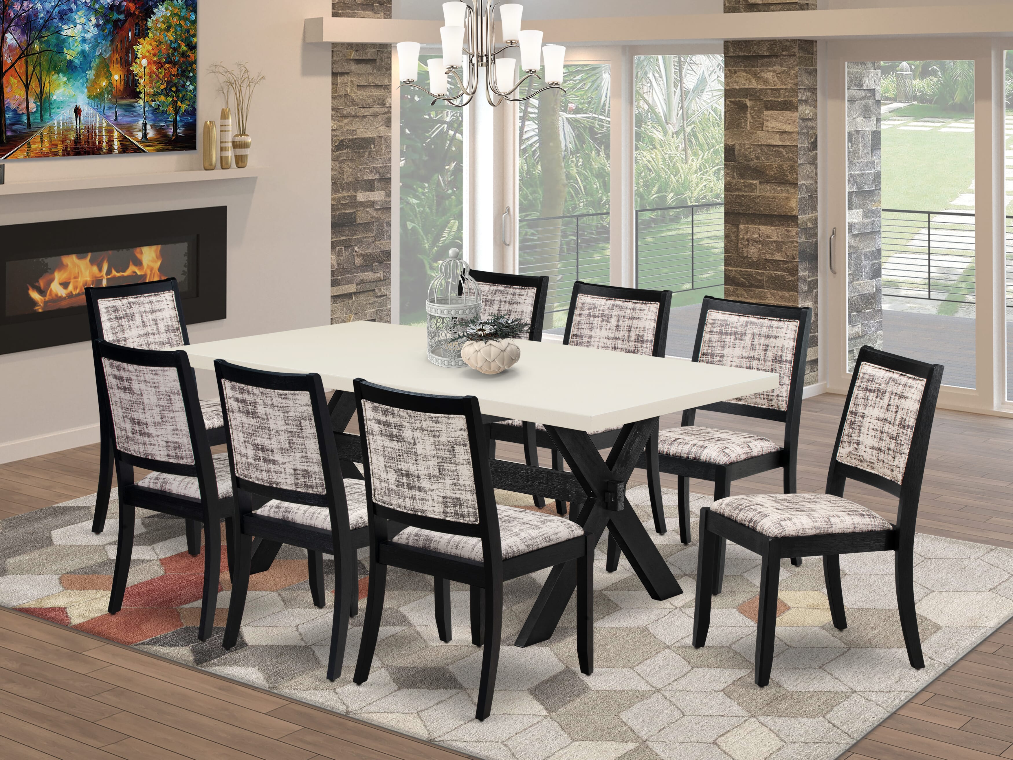 X627X2630-9 - 9-pc modern kitchen set - a table & 8 stackable chairs with White & Gray Pattern Faux Leather Fabric - Wire-brushed Black