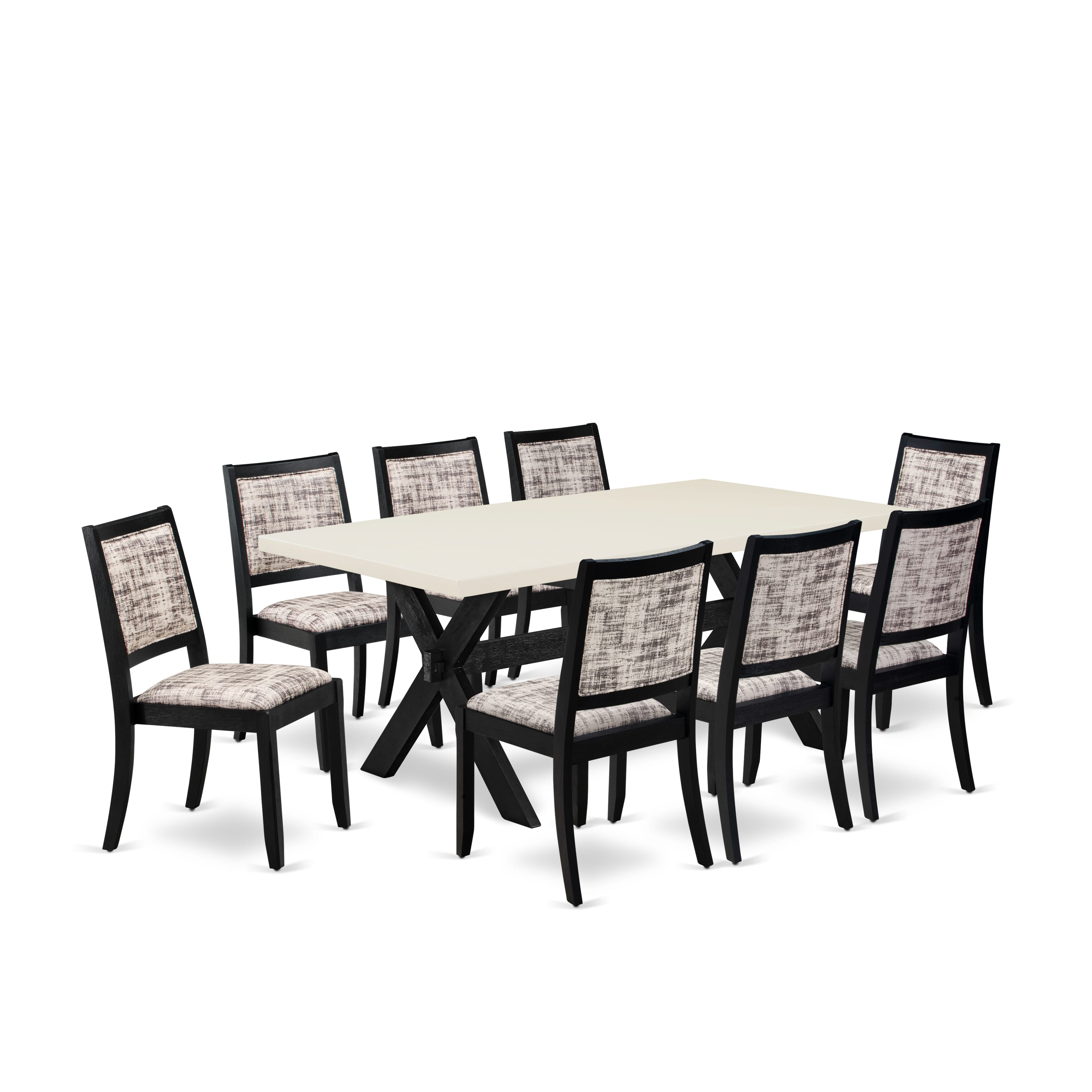 X627X2630-9 - 9-pc modern kitchen set - a table & 8 stackable chairs with White & Gray Pattern Faux Leather Fabric - Wire-brushed Black