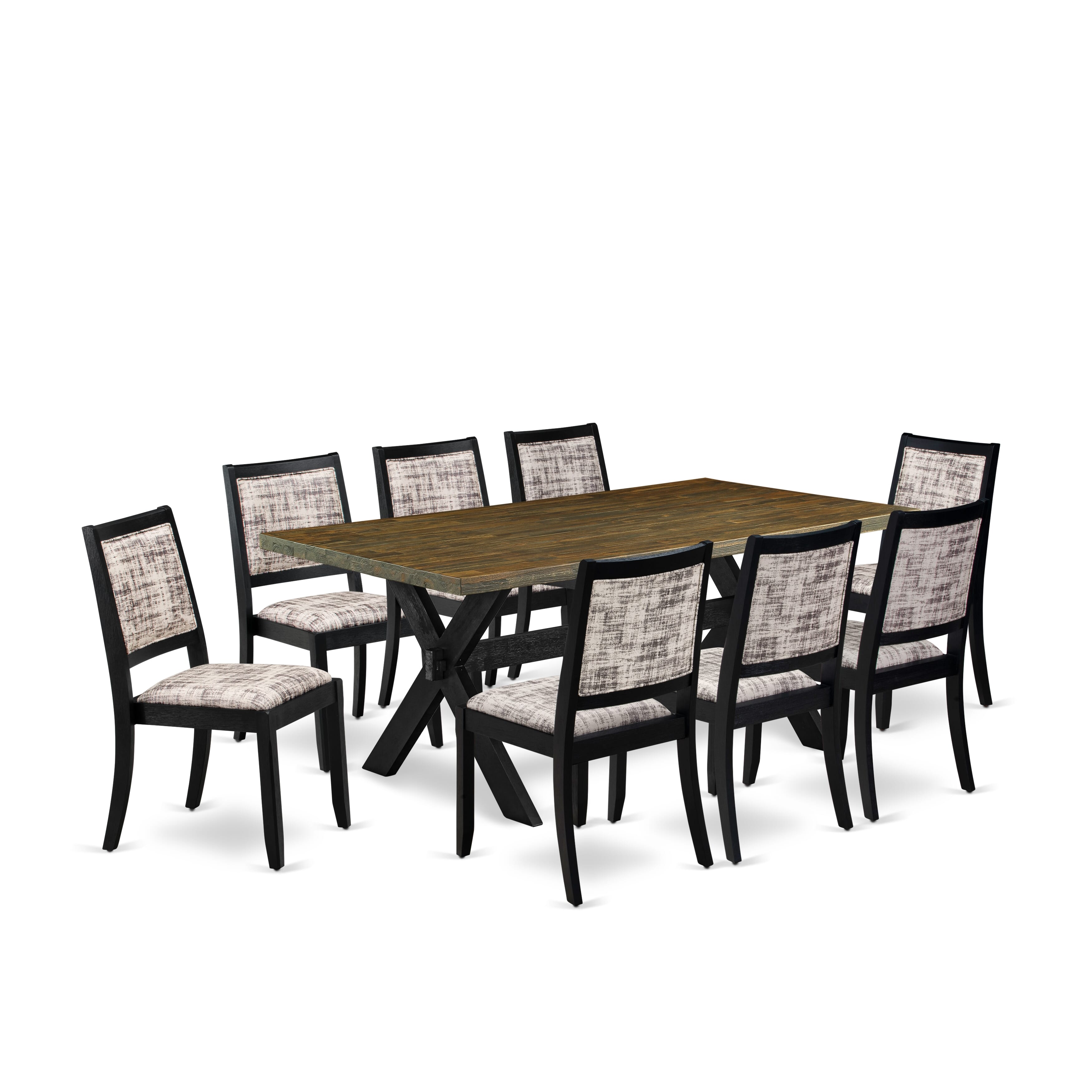 East West Furniture X677X2630-9 - Juego de comedor de 9 piezas compuesto por una mesa de comedor con tablero jacobino envejecido y 8 sillas apilables con cuero sintético con patrón blanco y gris - Negro cepillado con alambre
