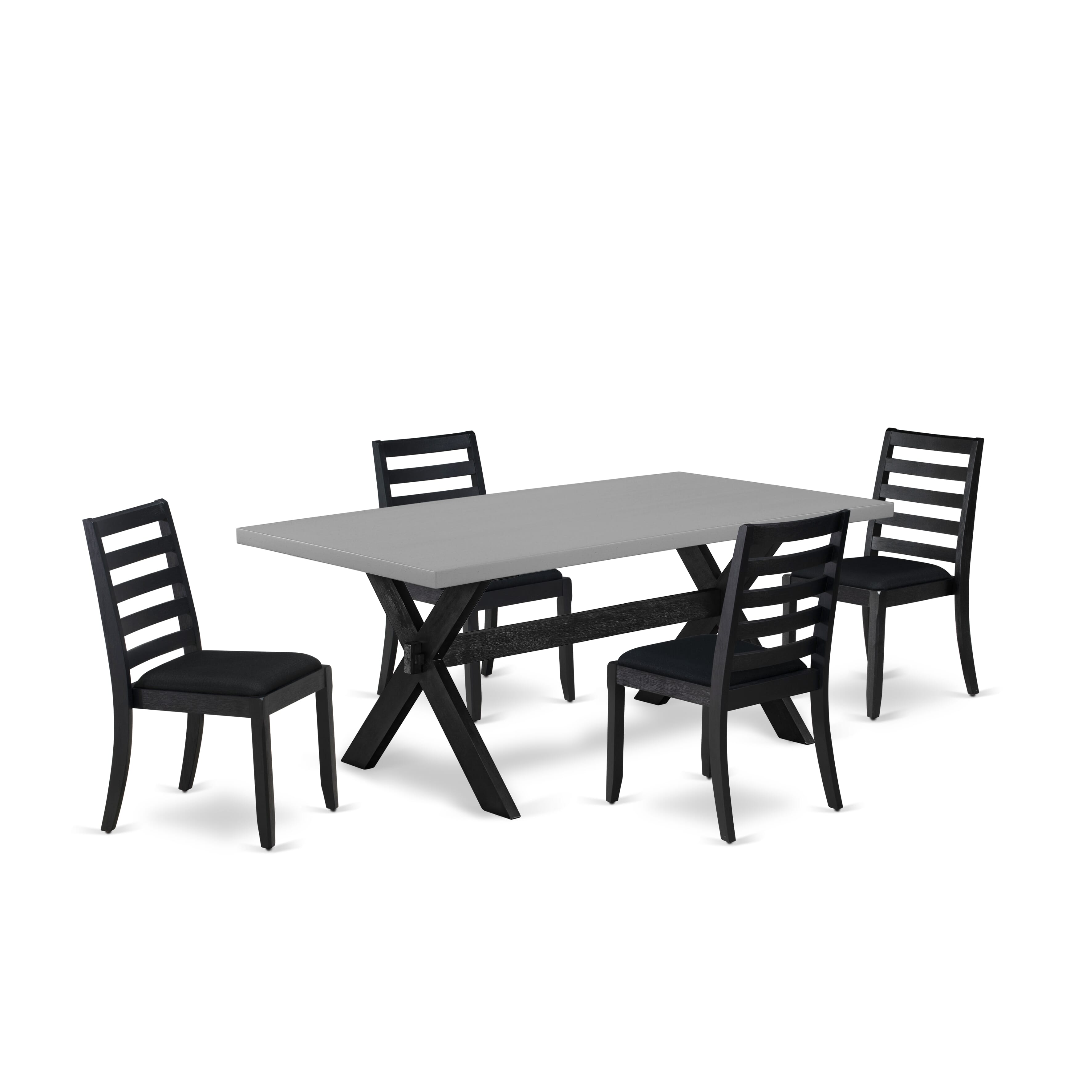 East West Furniture X697X1624-5 - Juego de comedor de cocina de 5 piezas compuesto por una mesa de madera con tapa de cemento y 4 sillas apilables con tela de lino negro - Negro cepillado con alambre