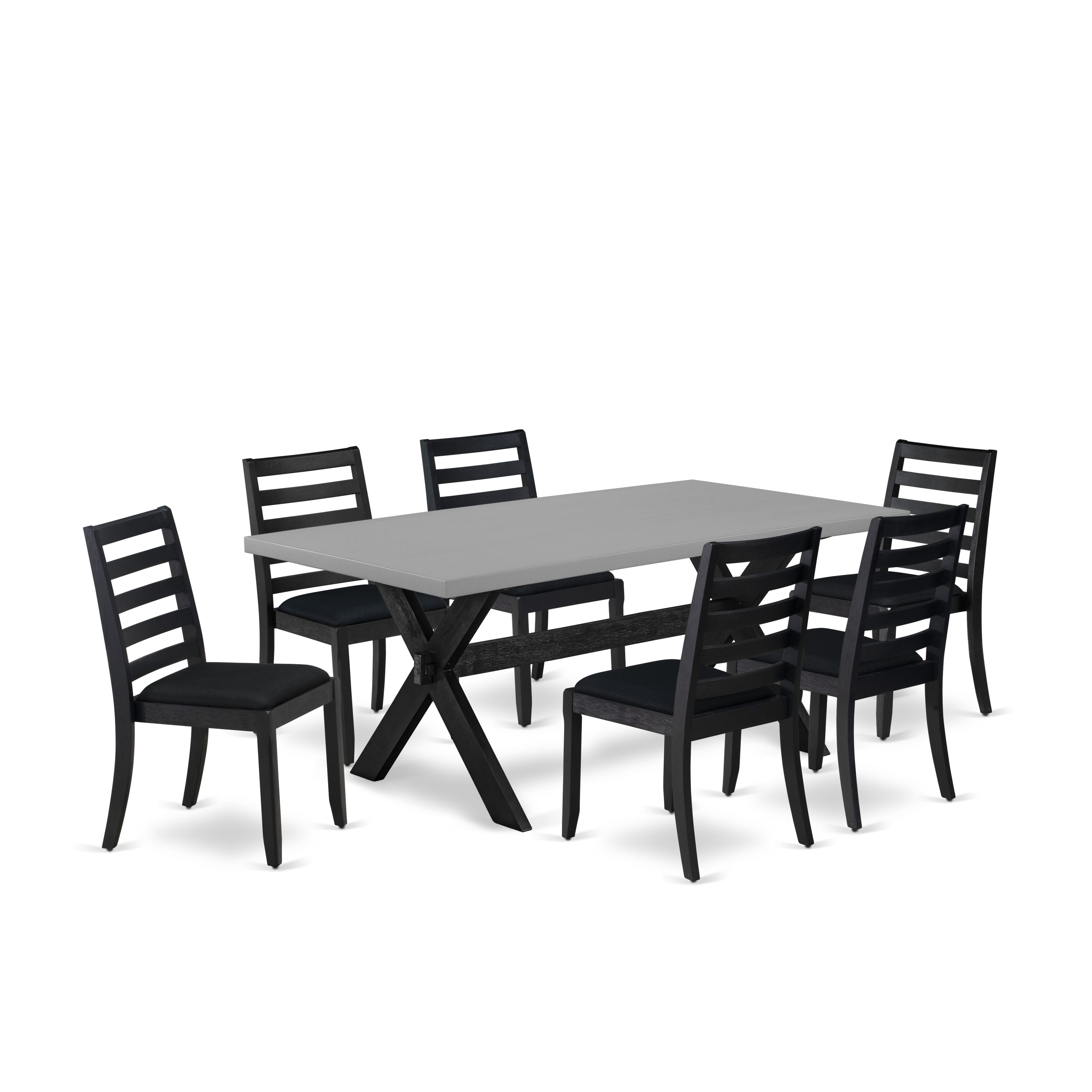 East West Furniture X697X1624-7 - Juego de mesa de cocina de 7 piezas compuesto por una mesa de madera con tablero de cemento y 6 sillas de cocina apilables con tela de lino negro - Negro cepillado con alambre
