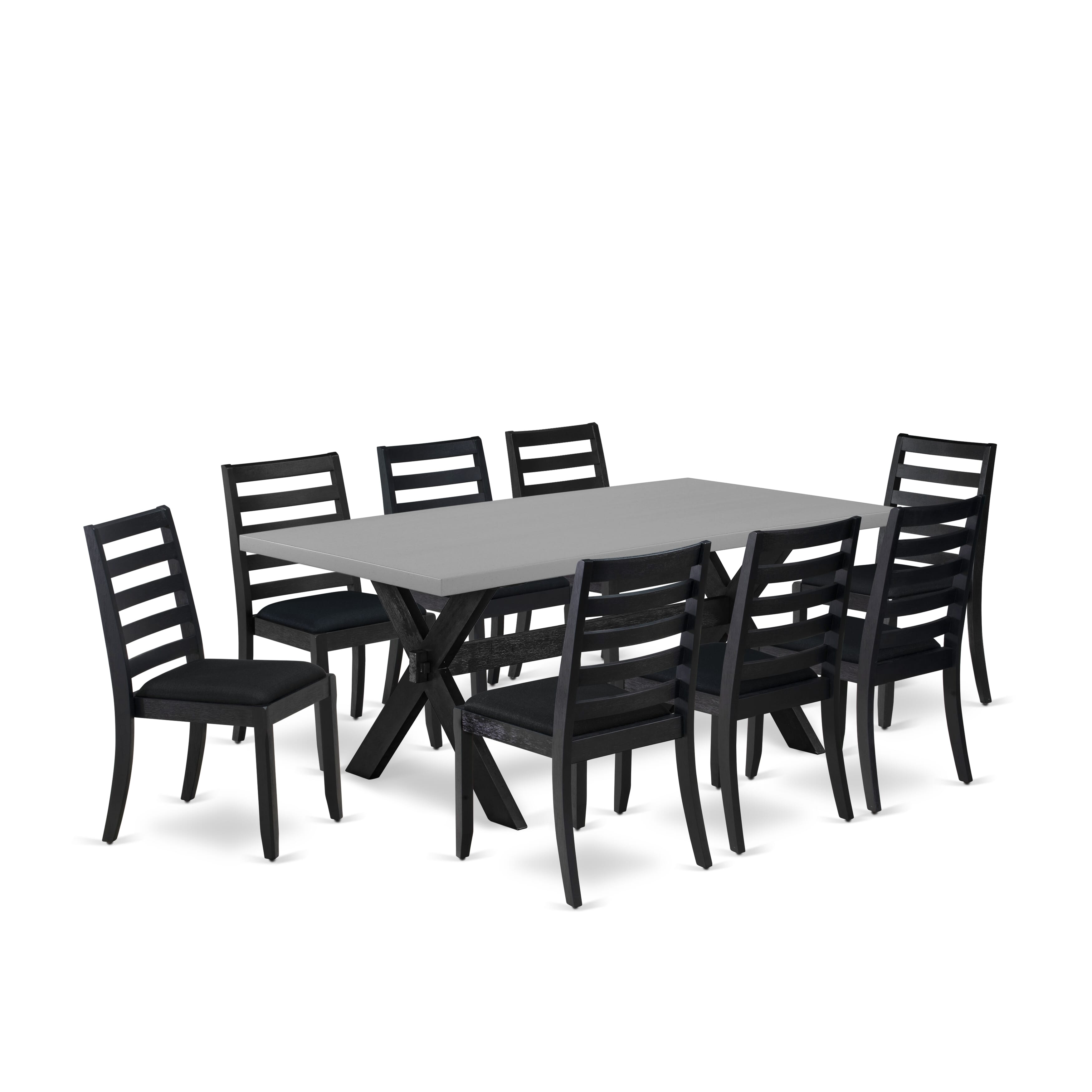 El juego de mesa de comedor East West Furniture X697X1624-9 de 9 piezas consta de una mesa de comedor con tablero de cemento y 8 sillas de comedor apilables con tela de lino negro - Negro cepillado con alambre