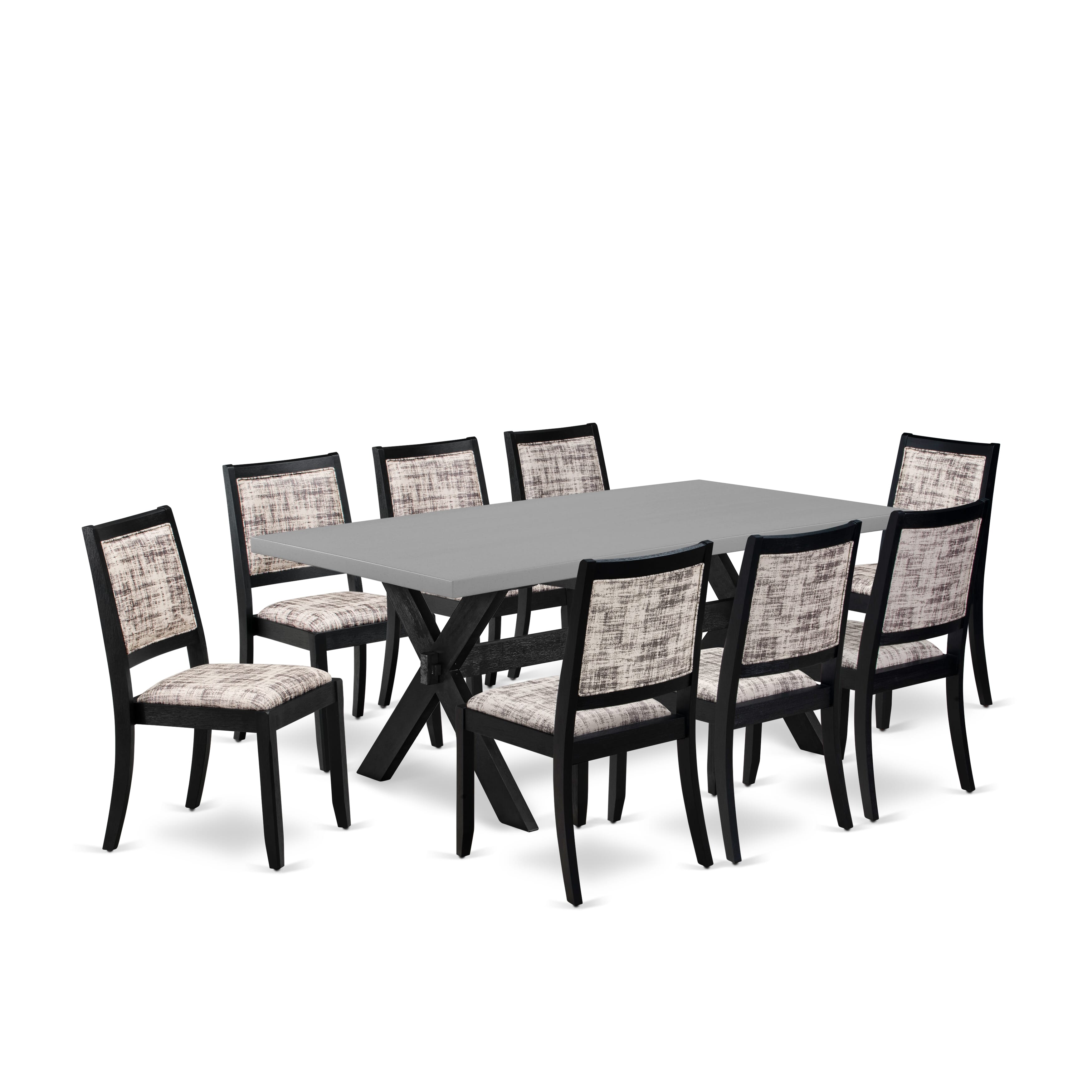 East West Furniture X697X2630-9 - Juego de comedor moderno de 9 piezas compuesto por una mesa de comedor con tapa de cemento y 8 sillas apilables con cuero sintético con patrón blanco y gris - Negro cepillado con alambre