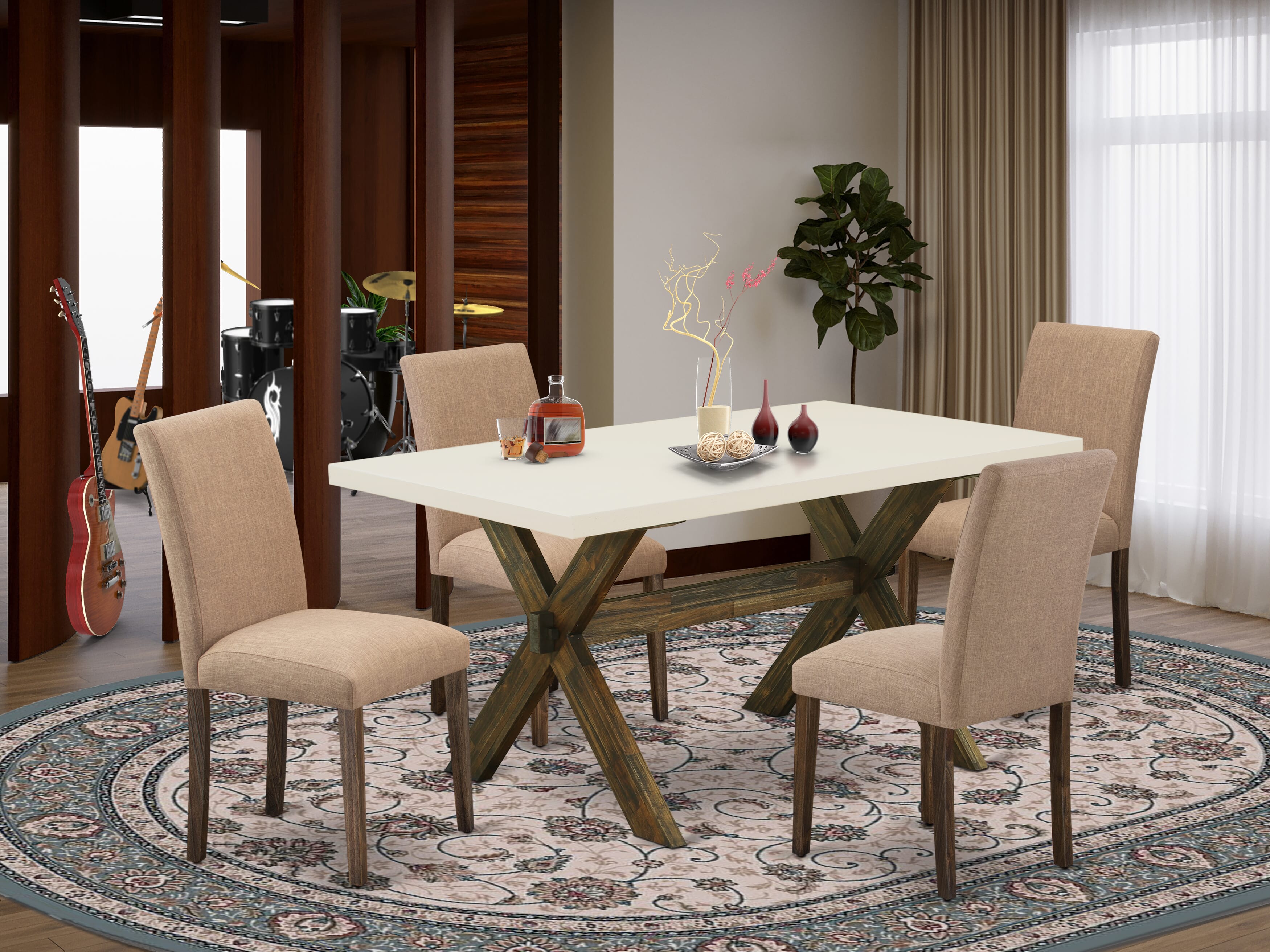 East West Furniture 5-Pc Table and Chairs Dining Set Includes 4 Mid Century Chairs with Upholstered Seat and High Back and a Rectangular Kitchen Dining Table - Distressed Jacobean Finish