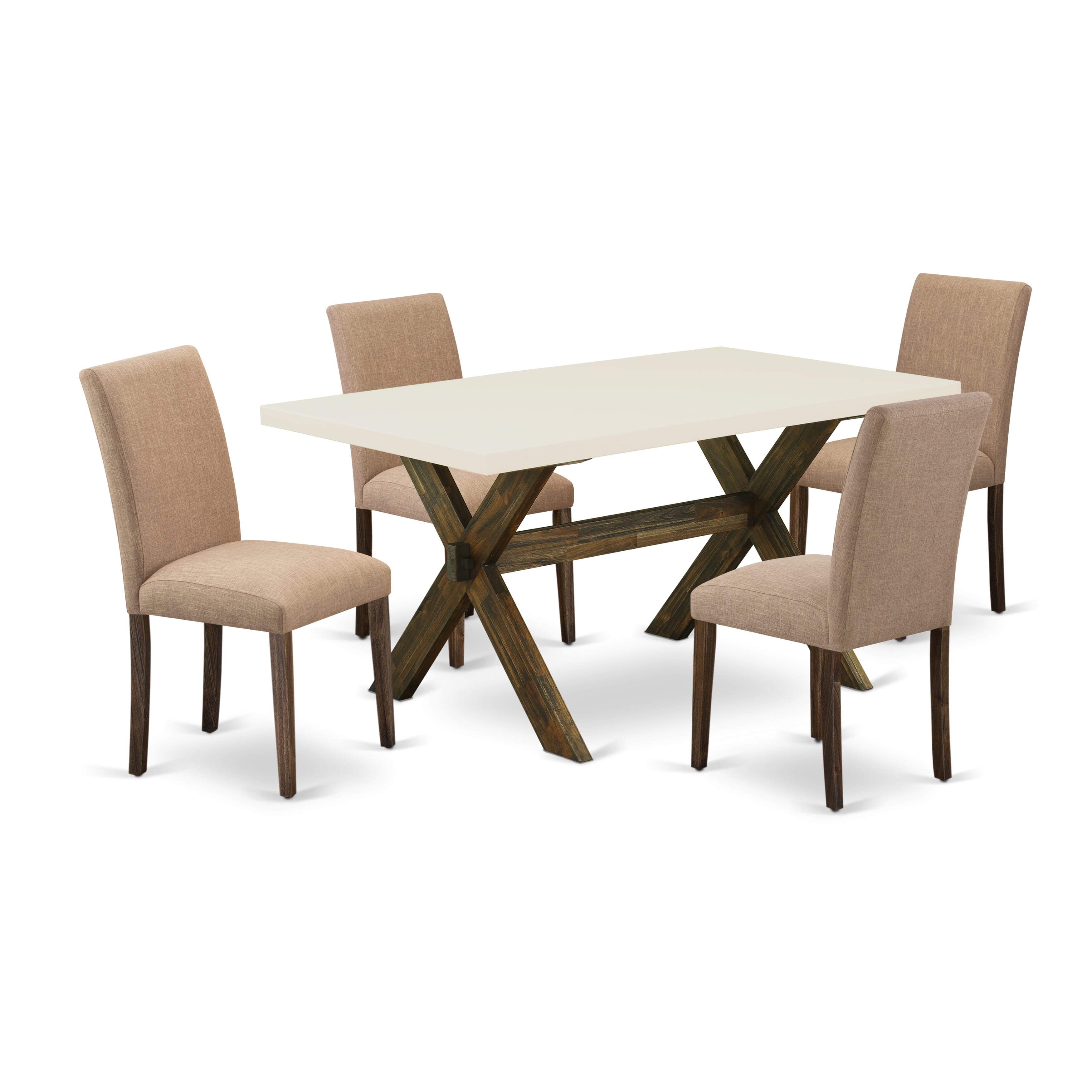 East West Furniture 5-Pc Table and Chairs Dining Set Includes 4 Mid Century Chairs with Upholstered Seat and High Back and a Rectangular Kitchen Dining Table - Distressed Jacobean Finish