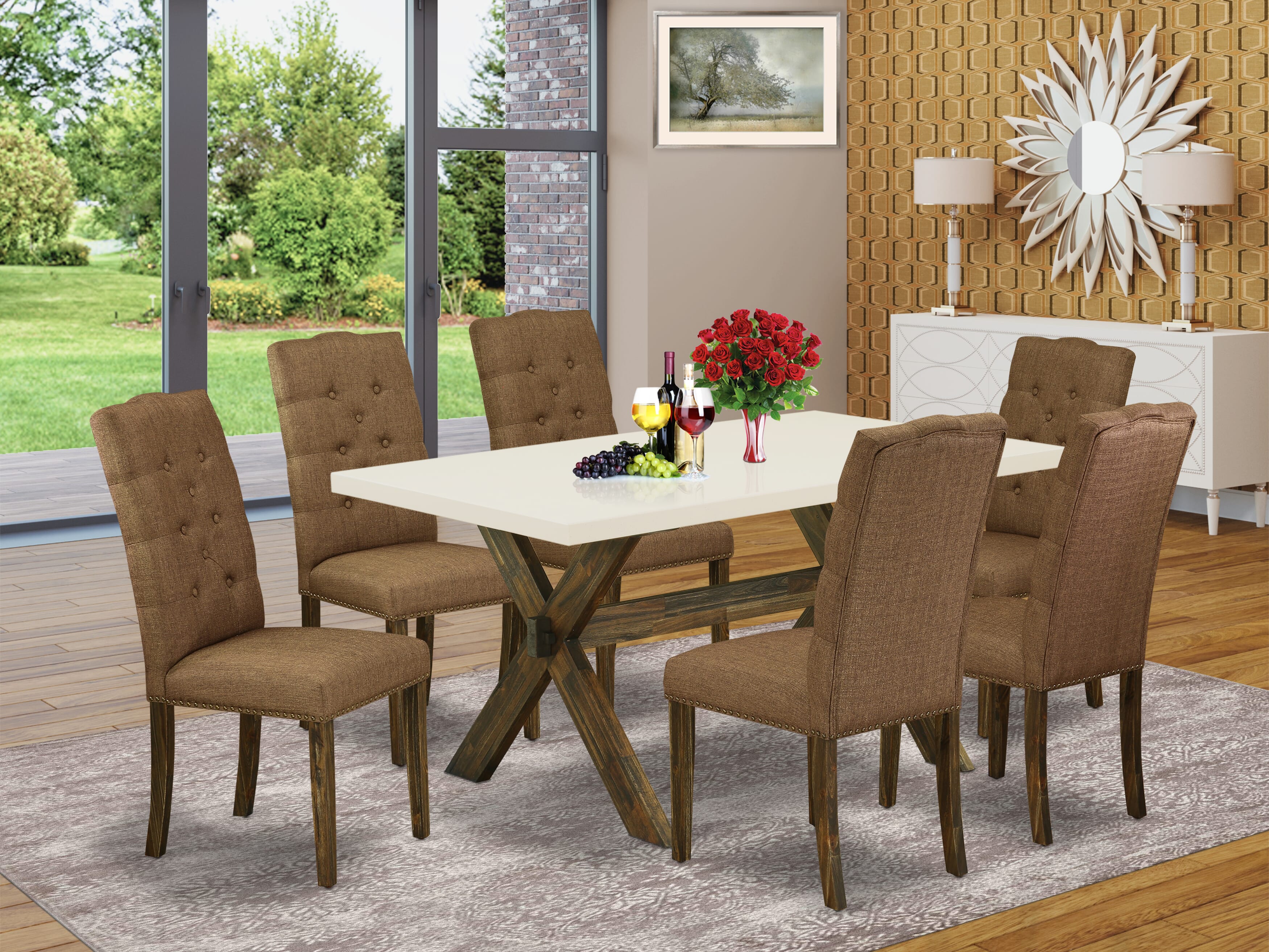 East West Furniture X726EL718-7 7-Piece Dining Table Set a beautiful linen white Kitchen Table top and 6 beautiful Dining chairs with Nail Heads and Button Tufted, Distressed Jacobean Finish