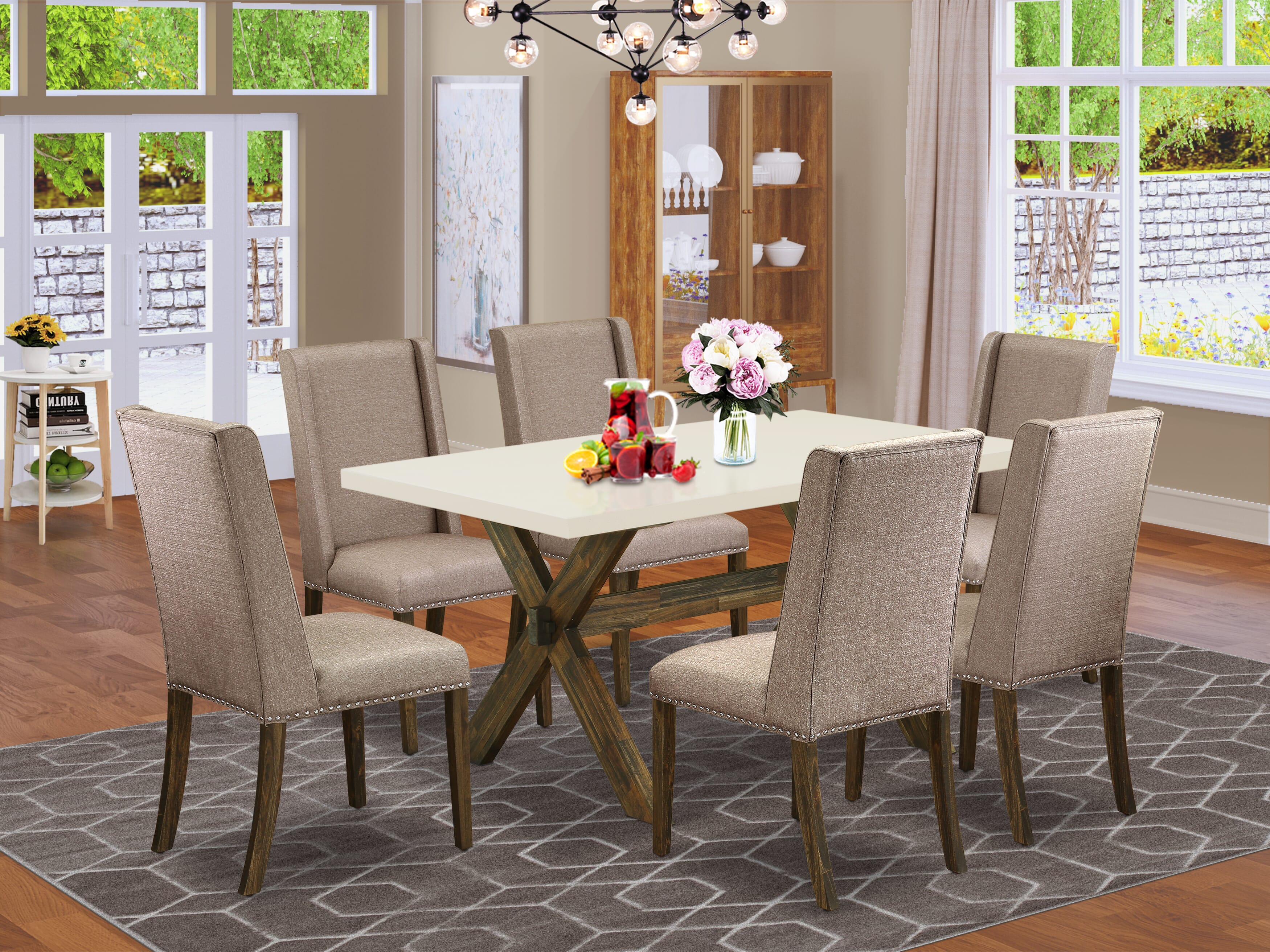 East West Furniture X726FL716-7 7-Piece dining set a beautiful linen white rectangular Table top and 6 Beautiful padded parson chairs with Nail heads and High Stylish Chair Back, Distressed Jacobean Finish