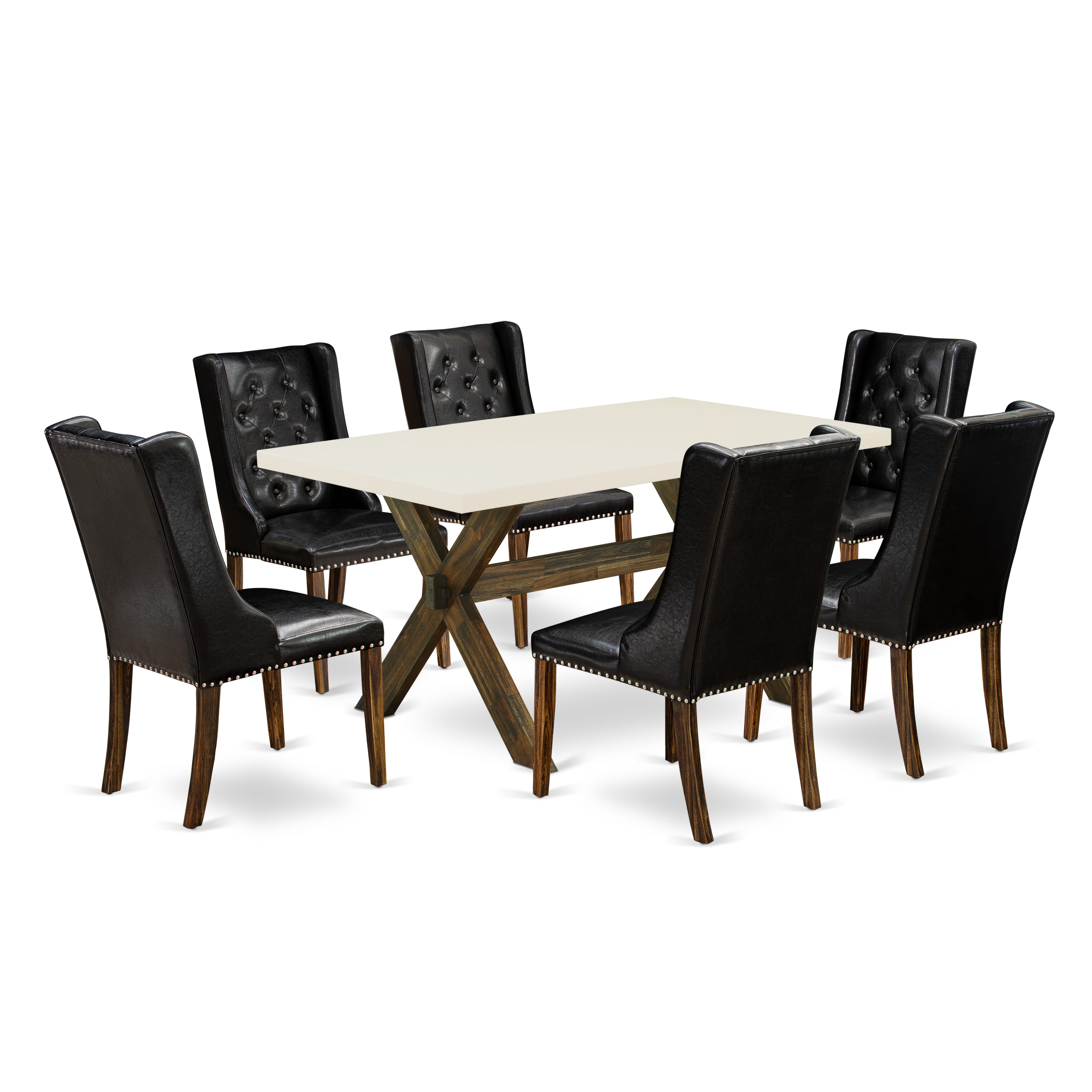 East West Furniture X726FO749-7 7 Piece Dinette Set - 6 Black Pu faux Leather Parson Chairs Button Tufted with Nail heads and Wood Dining Table - Distressed Jacobean Finish