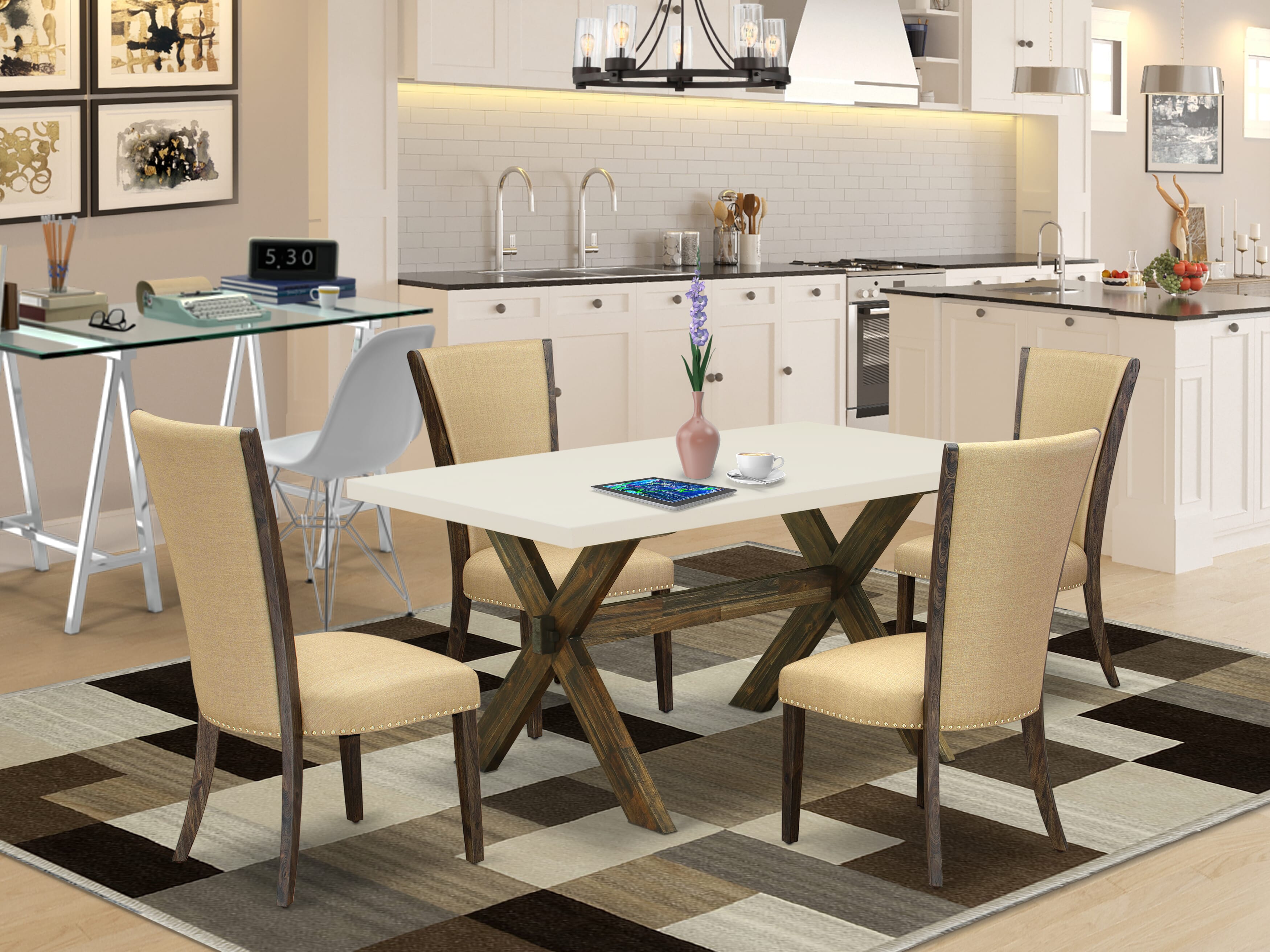 East West Furniture X726VE703-5 5Pc Dining Table Set Consists of a Wood Table and 4 Parsons Dining Room Chairs with Brown Color Linen Fabric, Medium Size Table with Full Back Chairs, Distressed Jacobean and Linen White Finish