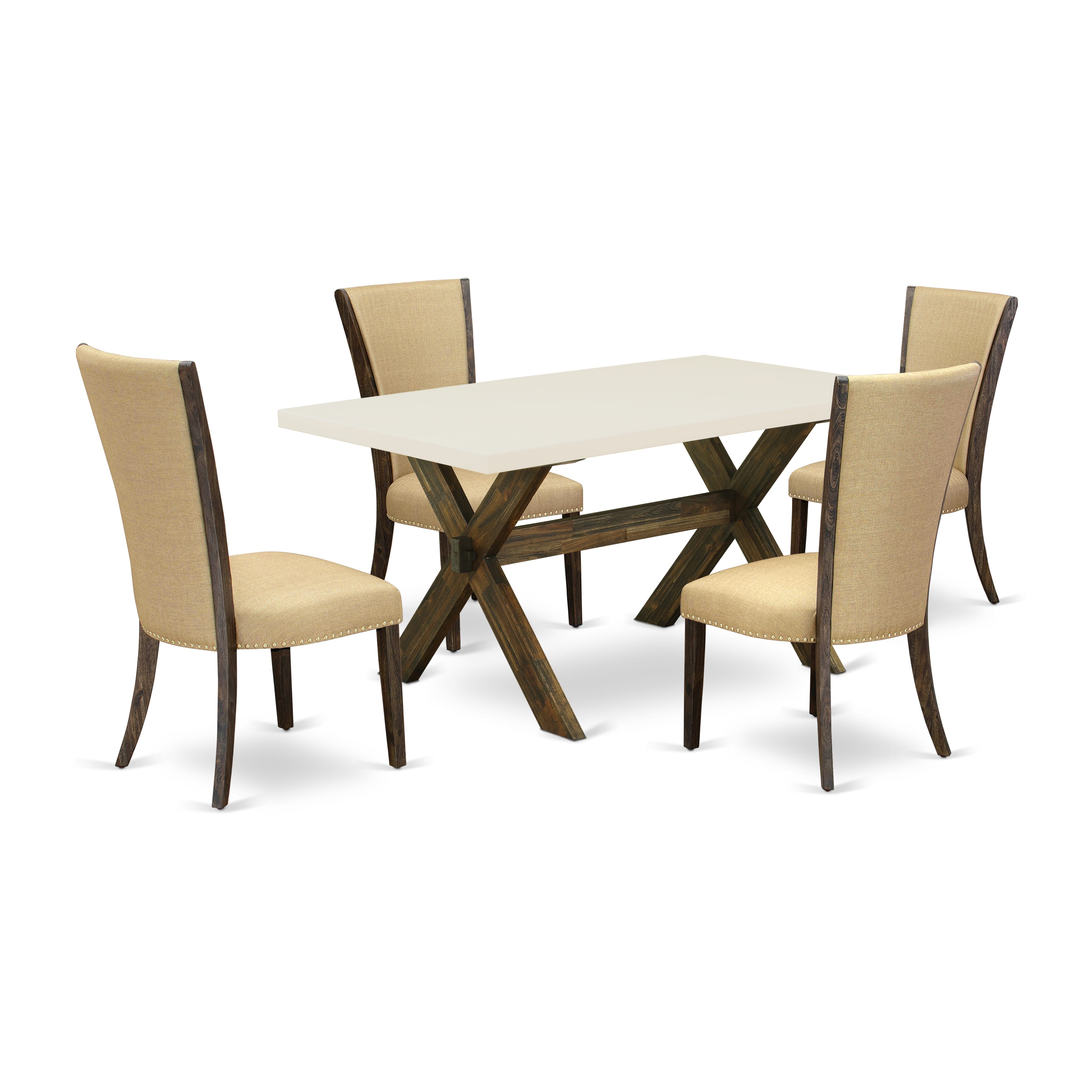 East West Furniture X726VE703-5 5Pc Dining Table Set Consists of a Wood Table and 4 Parsons Dining Room Chairs with Brown Color Linen Fabric, Medium Size Table with Full Back Chairs, Distressed Jacobean and Linen White Finish