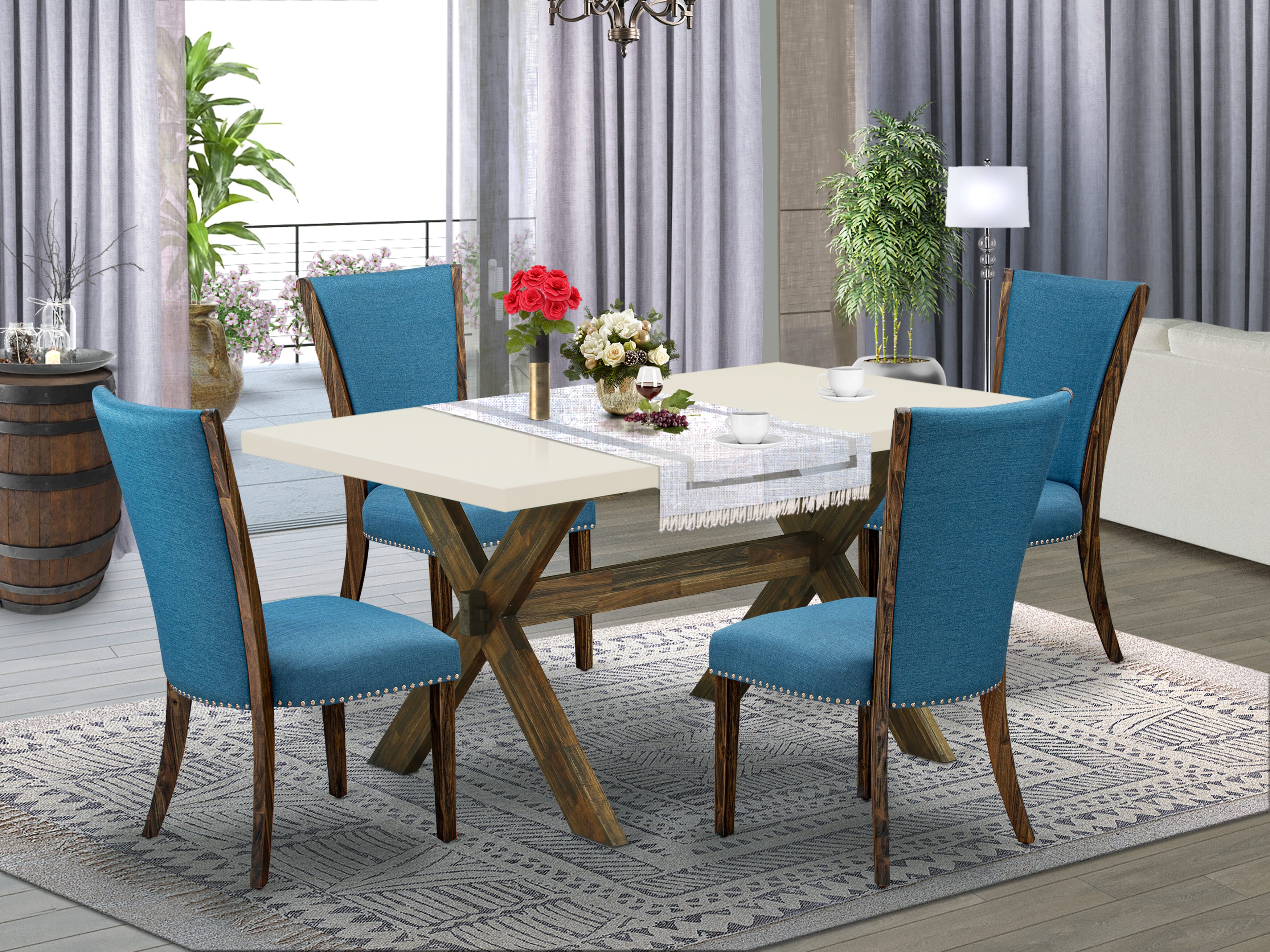 East West Furniture X726VE721-5 5Pc Dining Table set Includes a Dining Room Table and 4 Parsons Dining Room Chairs with Blue Color Linen Fabric, Distressed Jacobean and Linen White Finish
