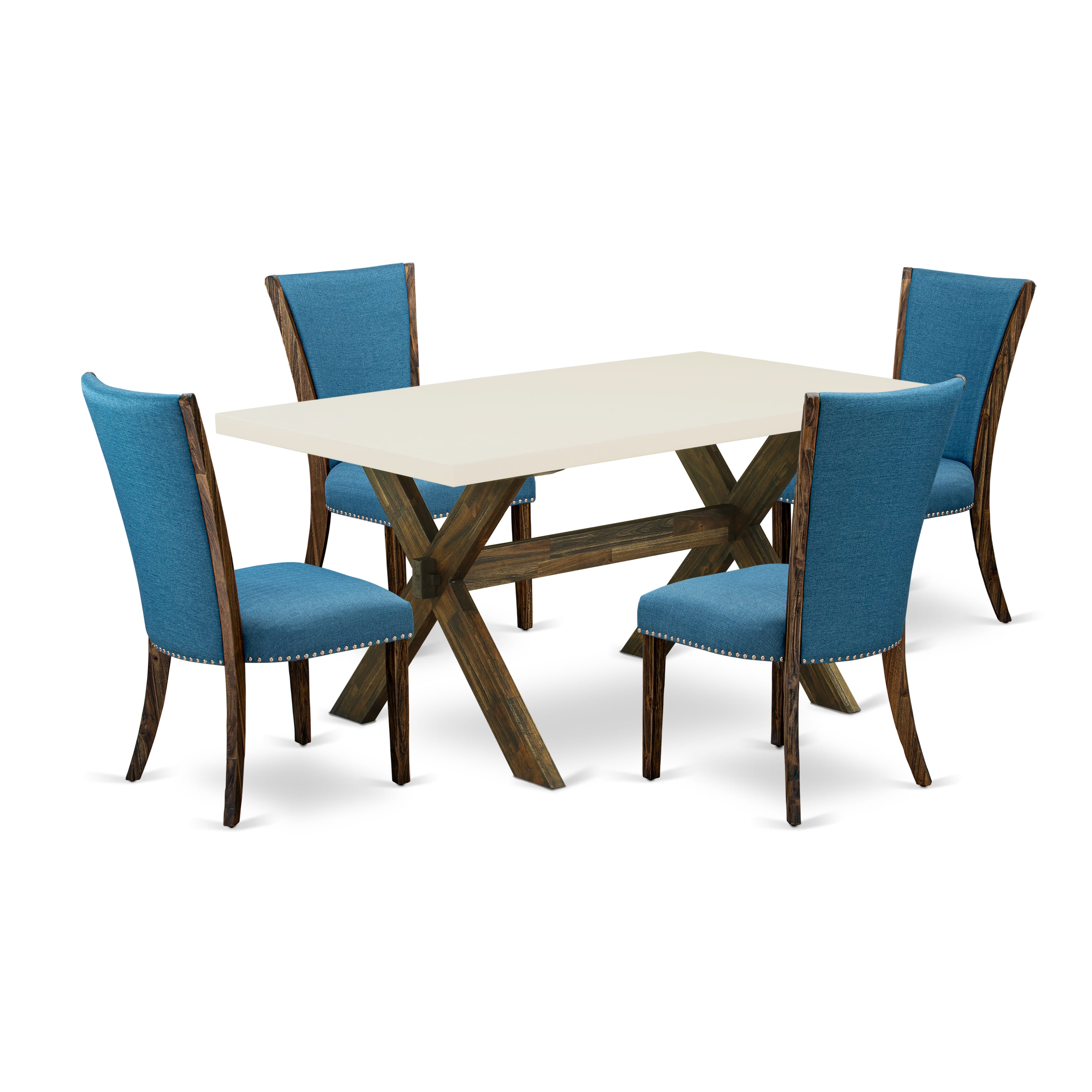 East West Furniture X726VE721-5 5Pc Dining Table set Includes a Dining Room Table and 4 Parsons Dining Room Chairs with Blue Color Linen Fabric, Distressed Jacobean and Linen White Finish