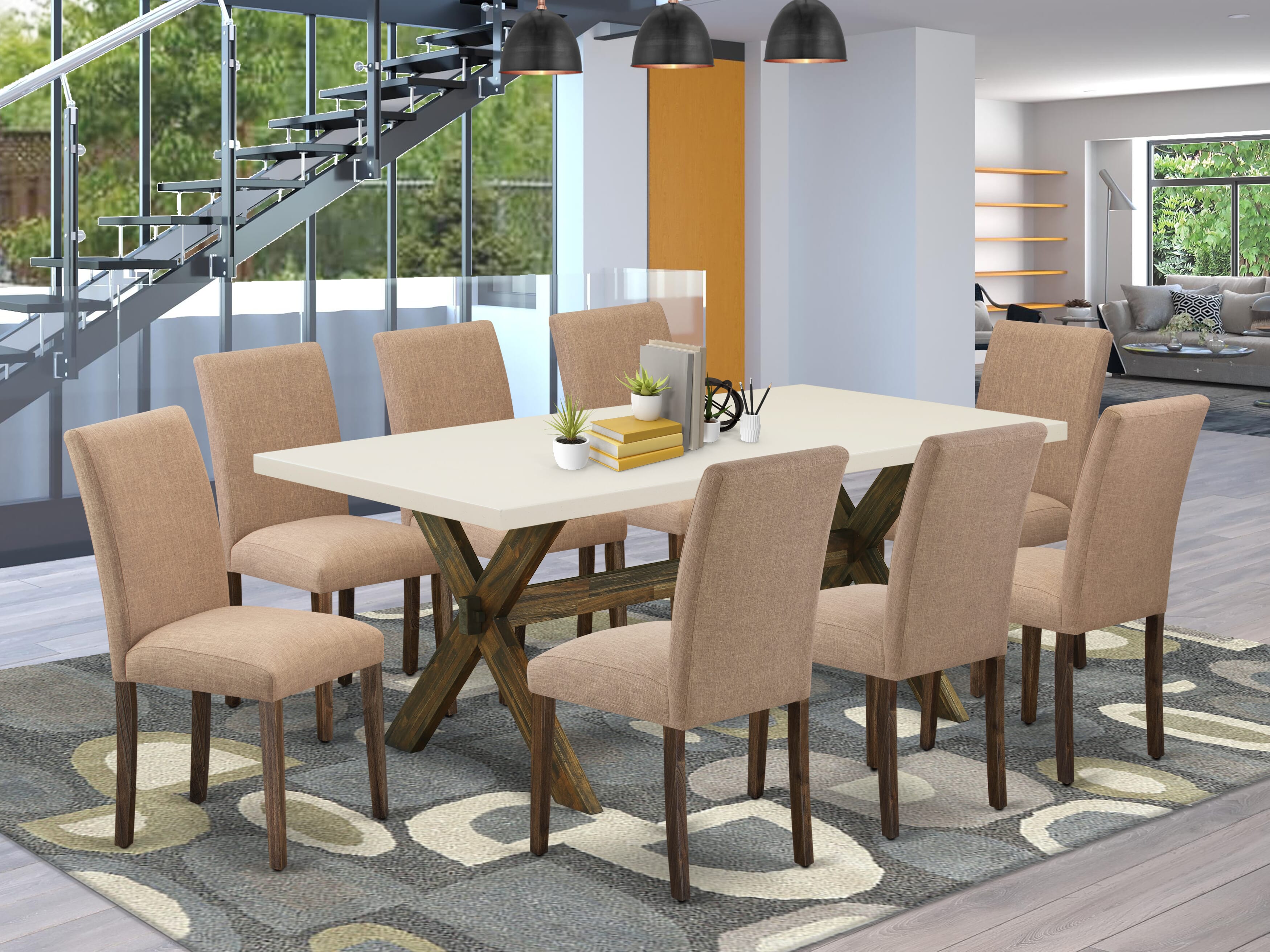East West Furniture 9-Piece Dining Room Set Includes 8 Dining Room Chairs with Upholstered Seat and High Back and a Rectangular Breakfast Table - Distressed Jacobean Finish