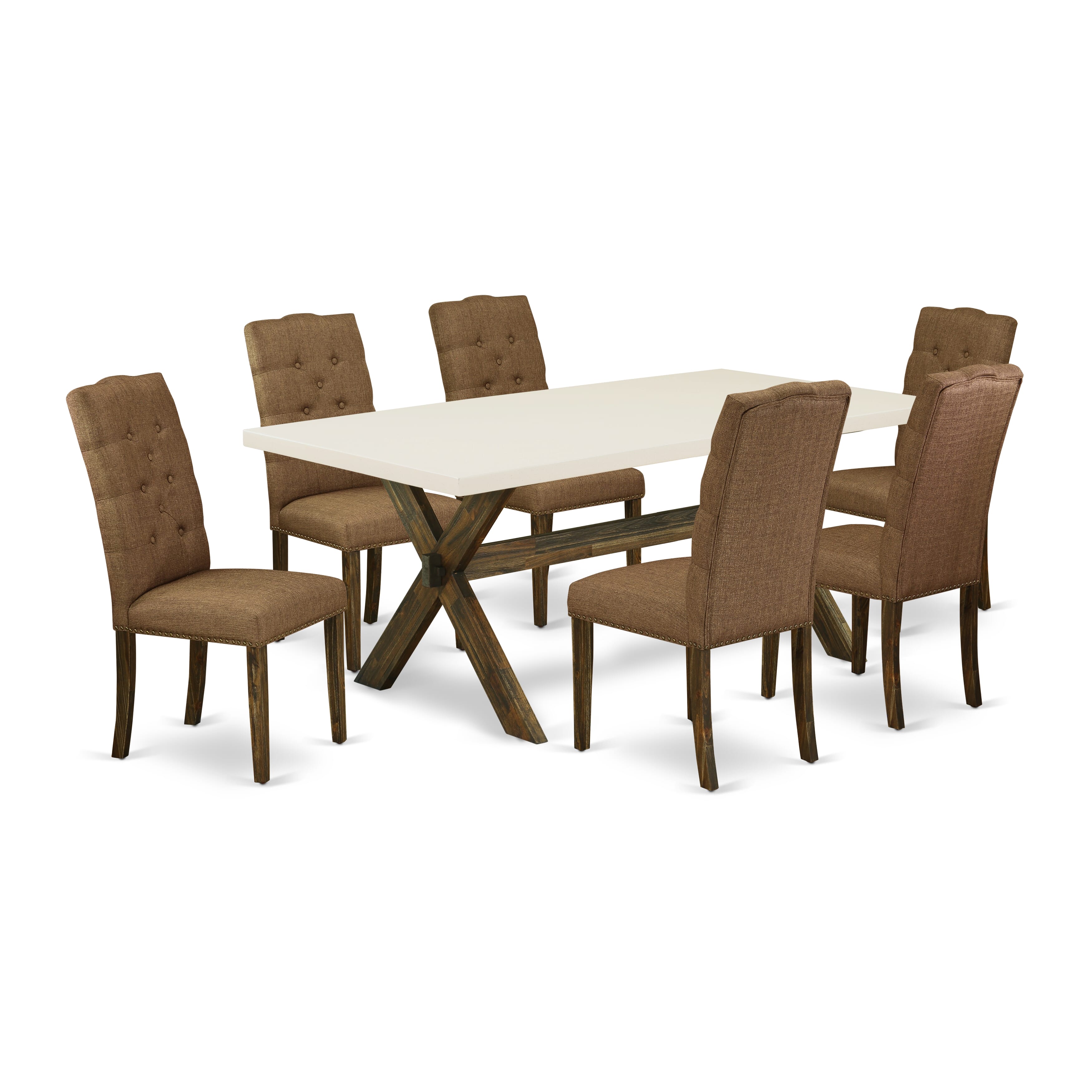 East West Furniture X727EL718-7 7-Pc Dining room Table Set a Fantastic linen white rectangular Table top and 6 Fantastic Kitchen chairs with Nail Heads and Button Tufted, Distressed Jacobean Finish