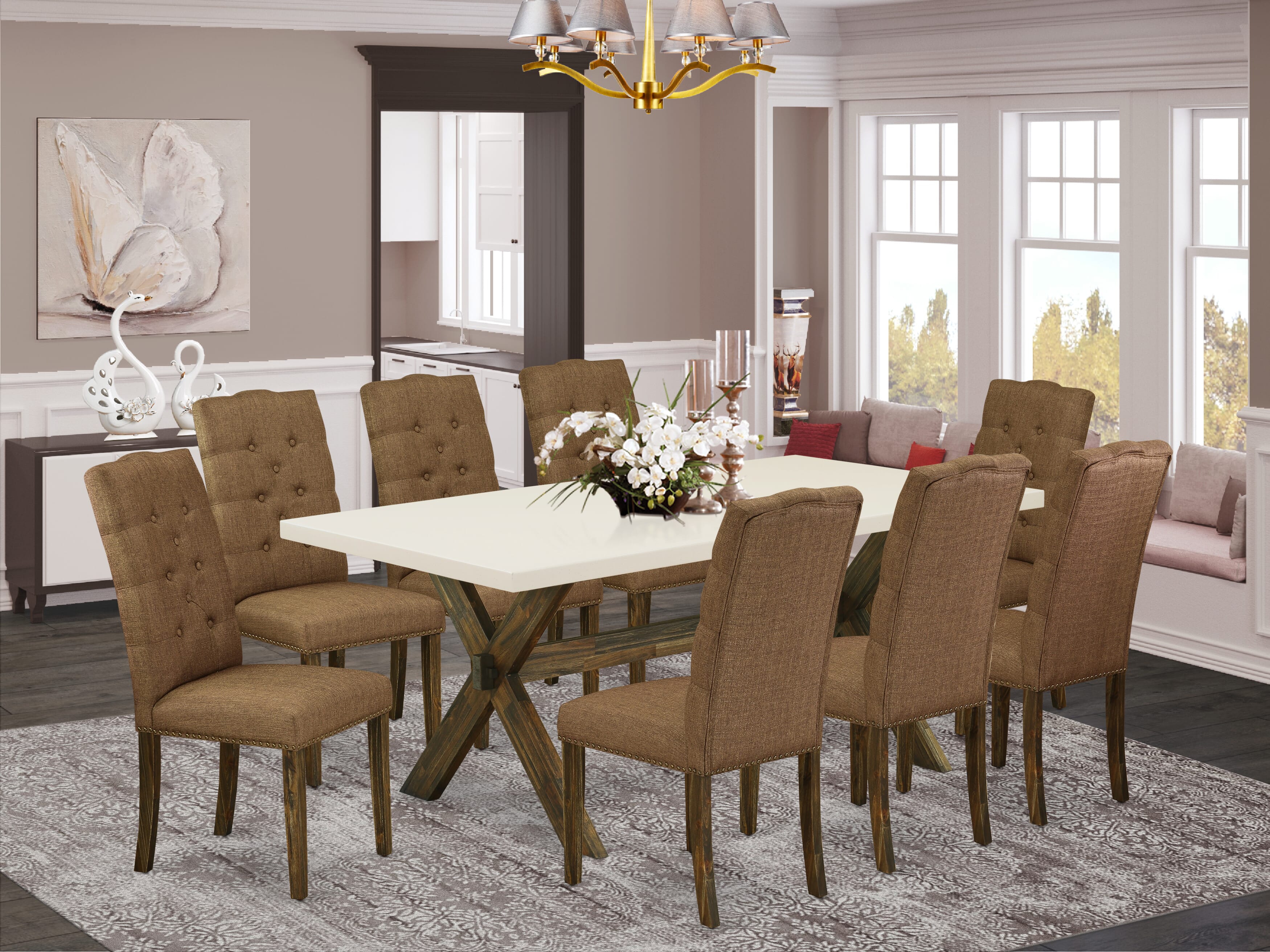 East West Furniture X727EL718-9 9-Pc Rectangular Dining Table Set a Fantastic linen white Rectangular Table top and 8 Beautiful Parson Dining chairs with Nail Heads and Button Tufted, Distressed Jacobean Finish