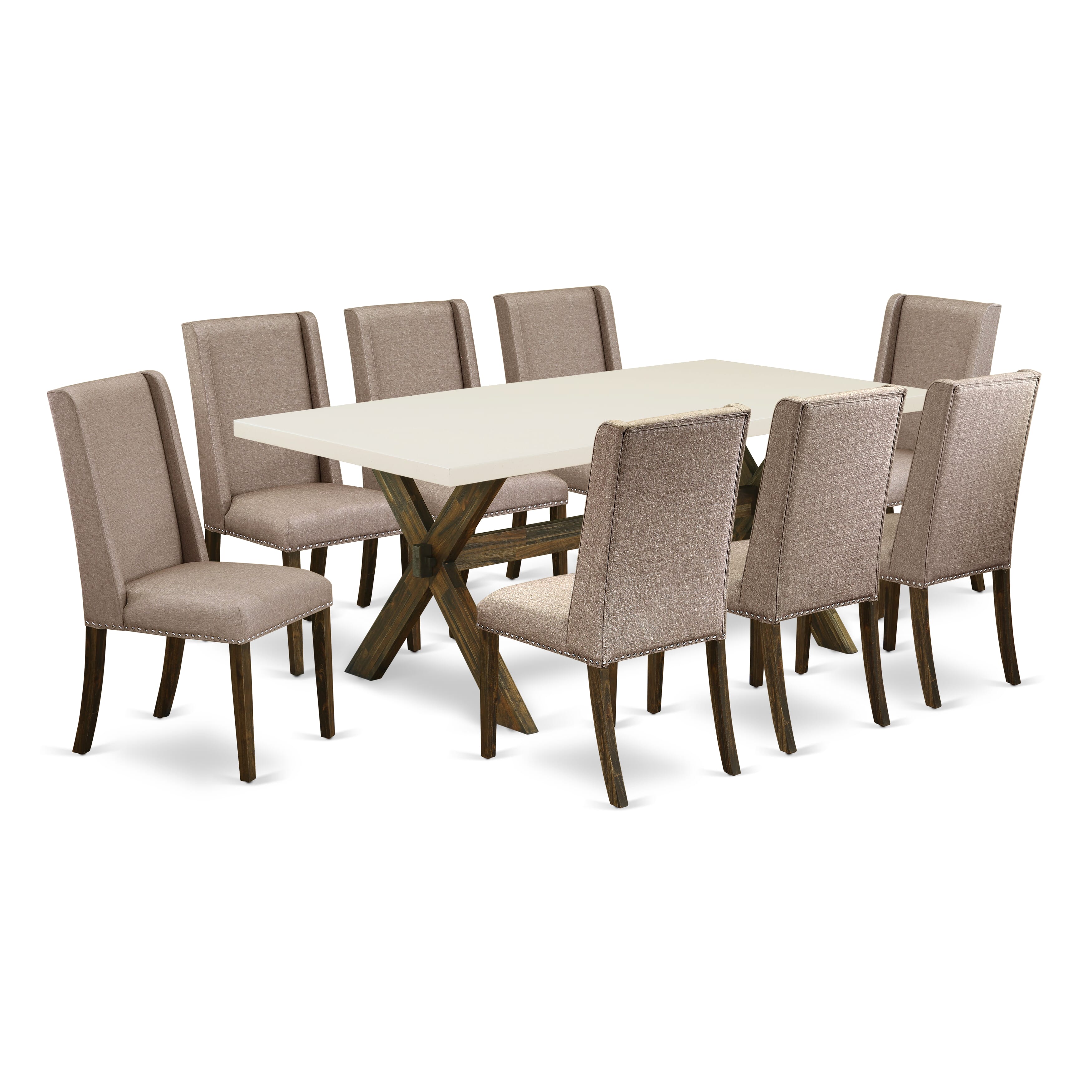 East West Furniture X727FL716-9 9-Pc Dining room Table Set a beautiful linen white Dining room Table top and 8 Wonderful Upholstered Dining chairs with Nail Heads and Curved Back, Distressed Jacobean Finish
