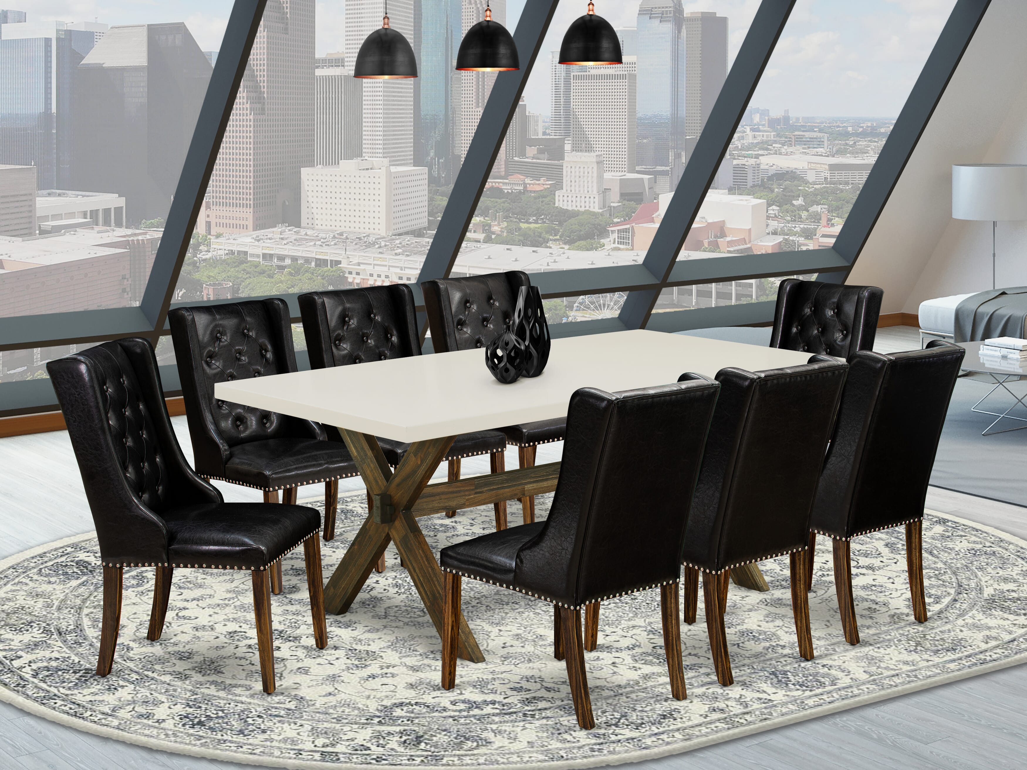 East West Furniture X727FO749-9 9-Piece Dining Room Table Set - 8 Black Pu faux Leather Kitchen Chairs Button Tufted with Nail heads and Dining Room Table - Distressed Jacobean Finish