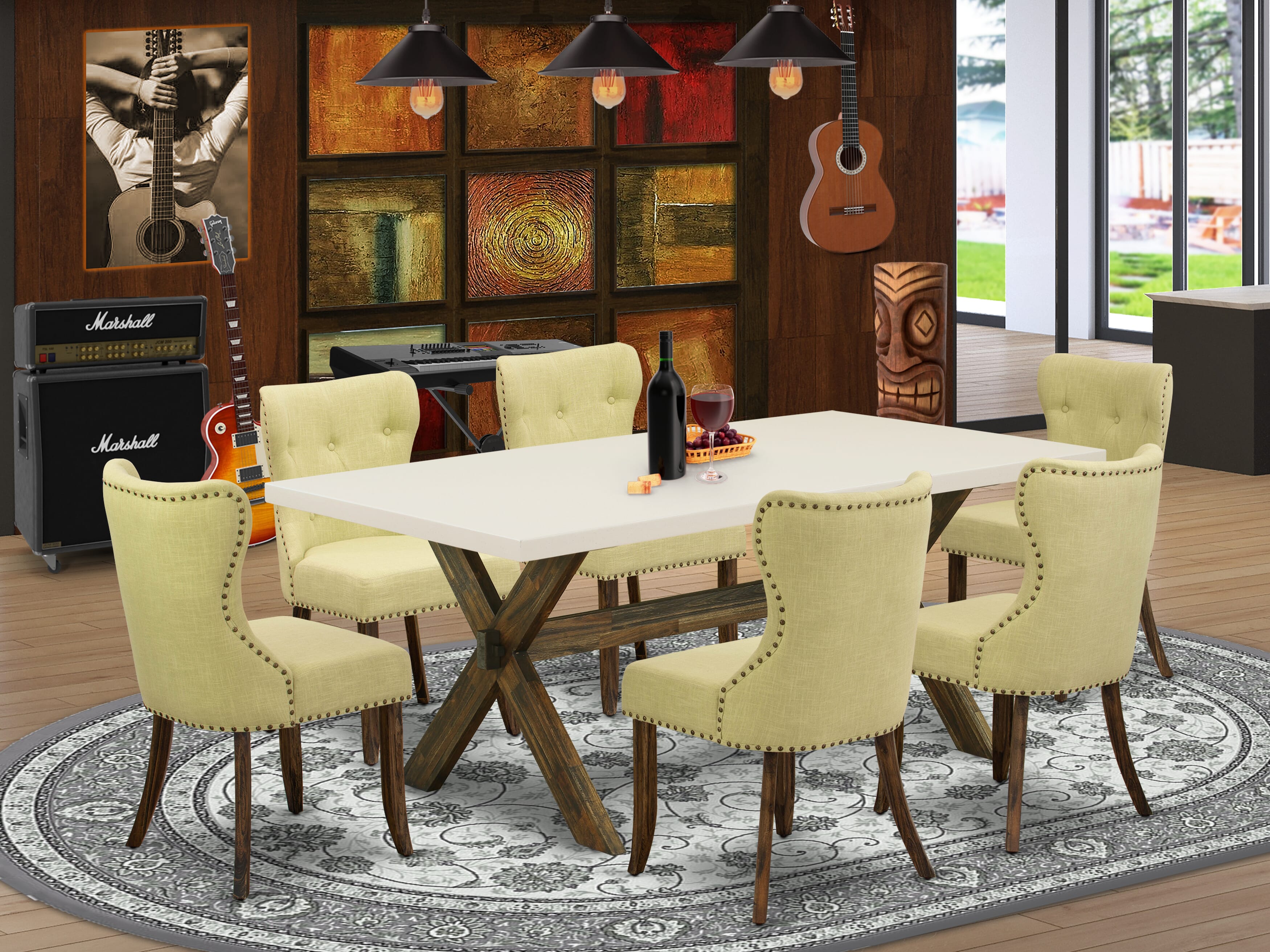East West Furniture X727SI737-7 7-Piece Kitchen Dining Set- 6 Mid Century Dining Chairs with Limelight Linen Fabric Seat and Button Tufted Chair Back - Rectangular Table top & Wooden Cross Legs - linen white and Distressed Jacobean Finish