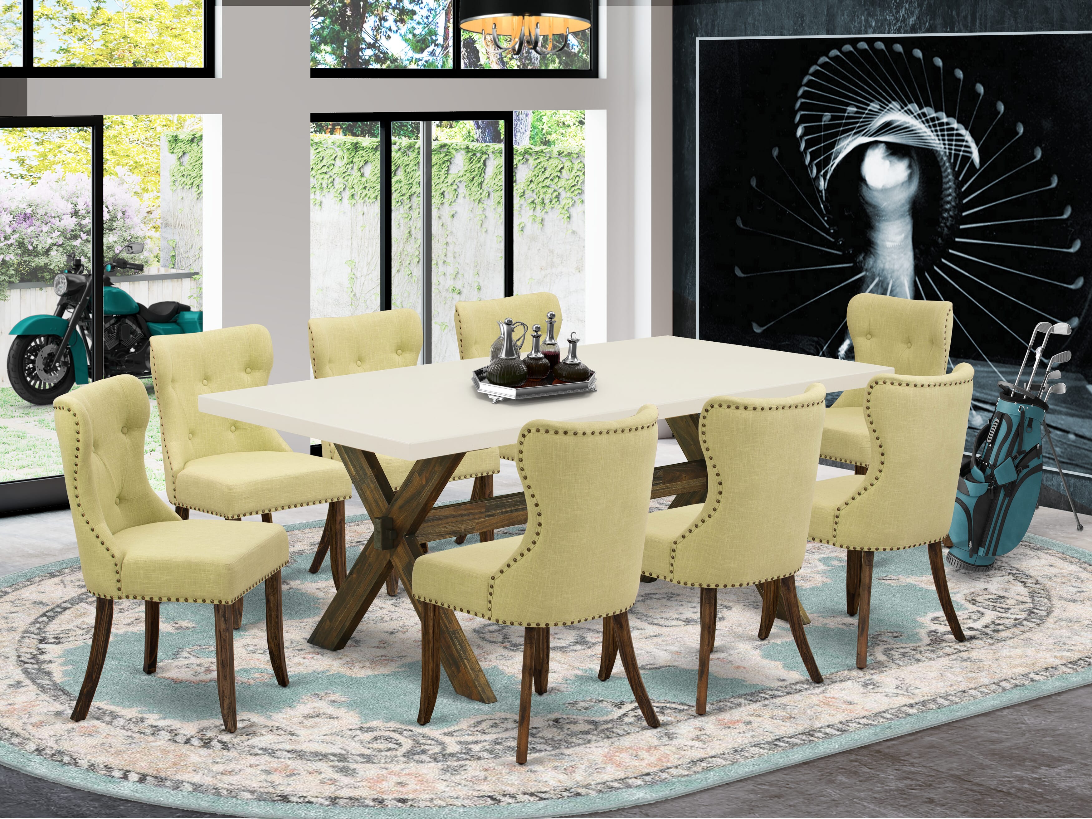 East West Furniture X727SI737-9 9-Piece Modern Dining Set- 8 Parson Chairs with Limelight Linen Fabric Seat and Button Tufted Chair Back - Rectangular Table top & Wooden Cross Legs - linen white and Distressed Jacobean Finish