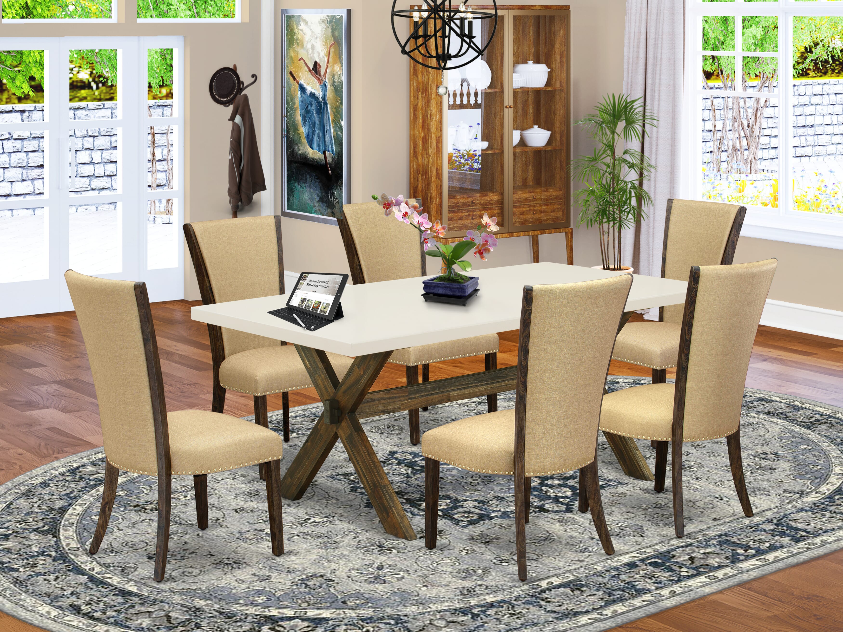East West Furniture X727VE703-7 7Pc Kitchen Table Set Contains a Dining Room Table and 6 Parson Dining Chairs with Brown Color Linen Fabric, Distressed Jacobean and Linen White Finish