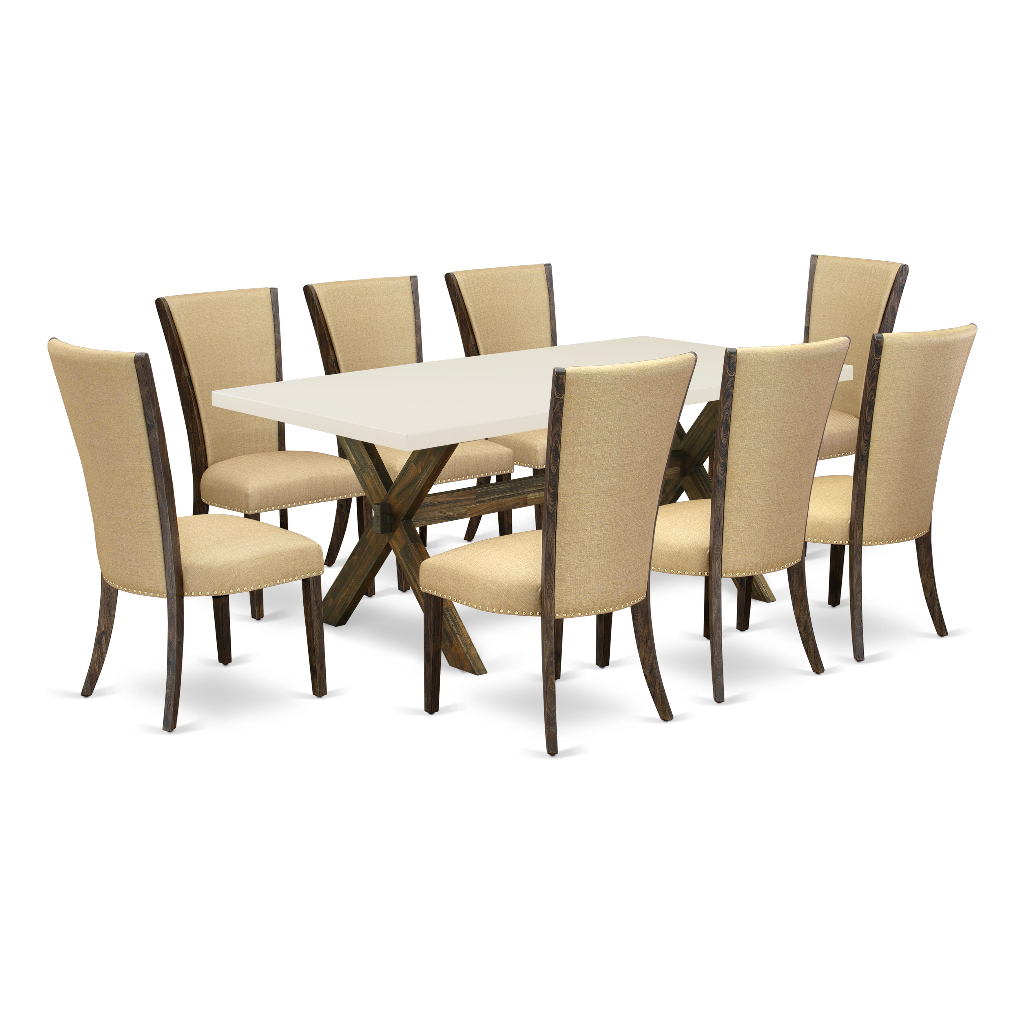 East West Furniture X727VE703-9 9Pc Kitchen Set Consists of a Rectangular Table and 8 Upholstered Dining Chairs with Brown Color Linen Fabric, Distressed Jacobean and Linen White Finish