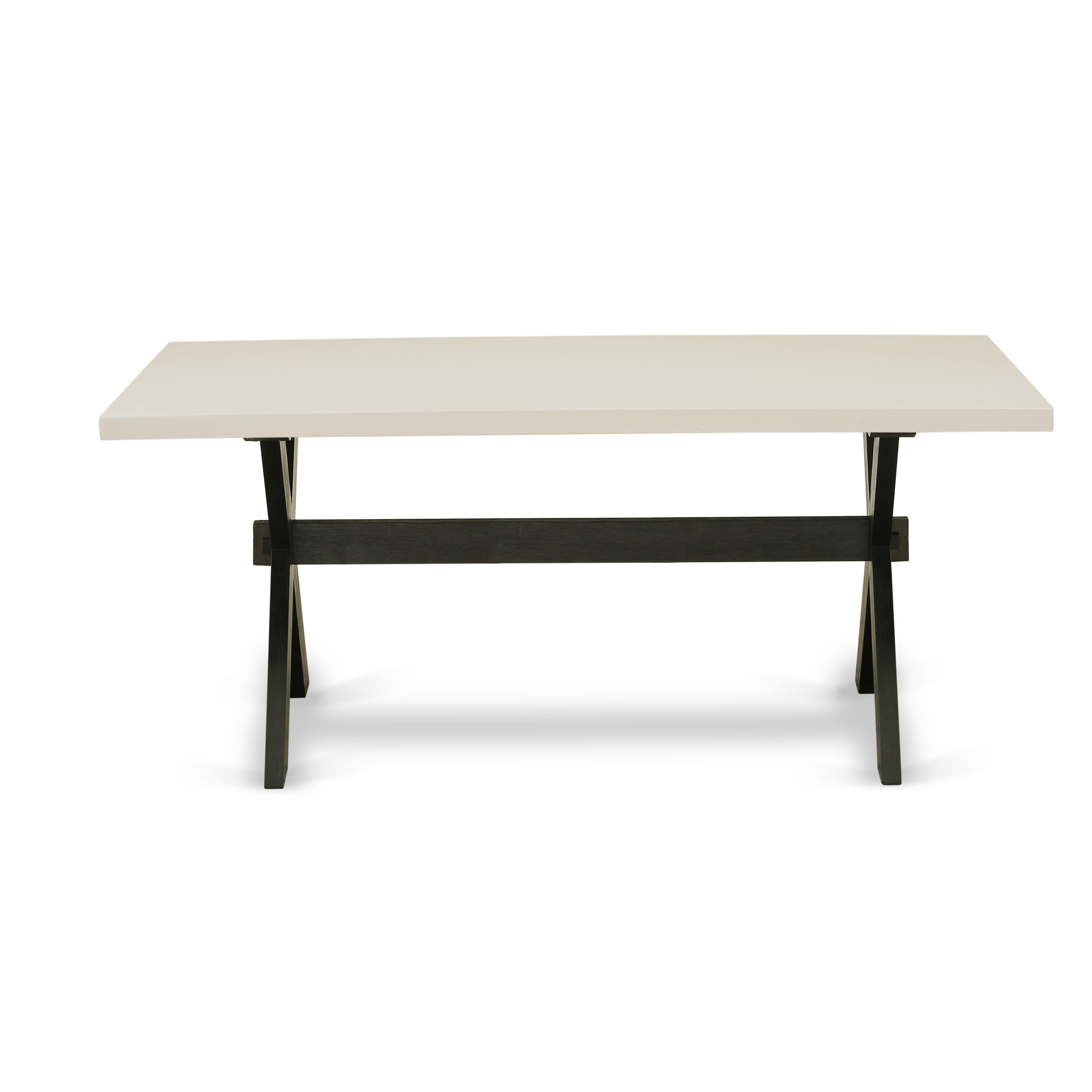 Juego de mesa de comedor moderna de 9 piezas East West Furniture X627MZ606-9. Incluye una mesa de comedor rectangular con patas en forma de X y 8 sillas tapizadas en tela de lino Shitake.