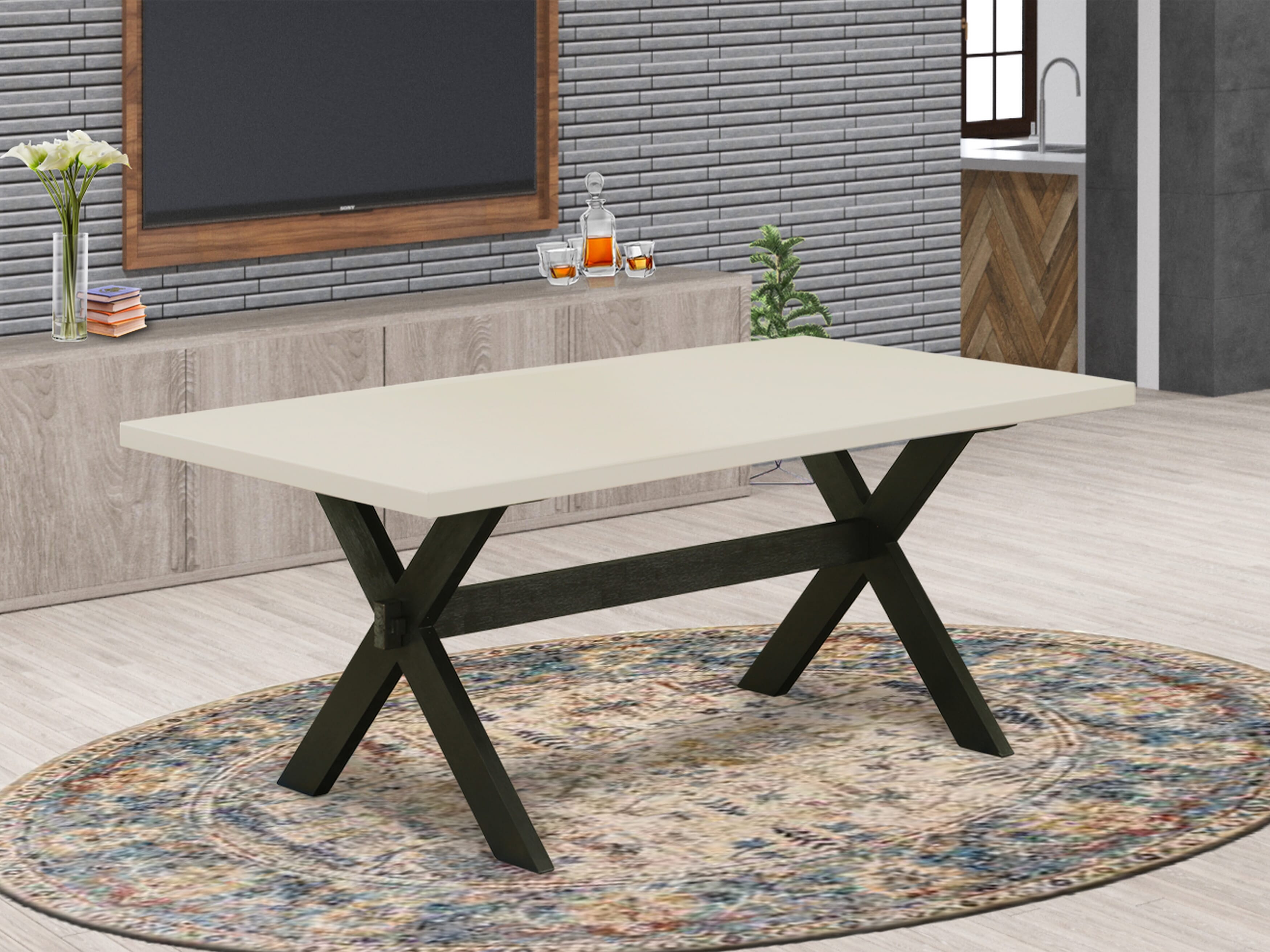 Juego de mesa de comedor moderna de 9 piezas East West Furniture X627MZ606-9. Incluye una mesa de comedor rectangular con patas en forma de X y 8 sillas tapizadas en tela de lino Shitake.