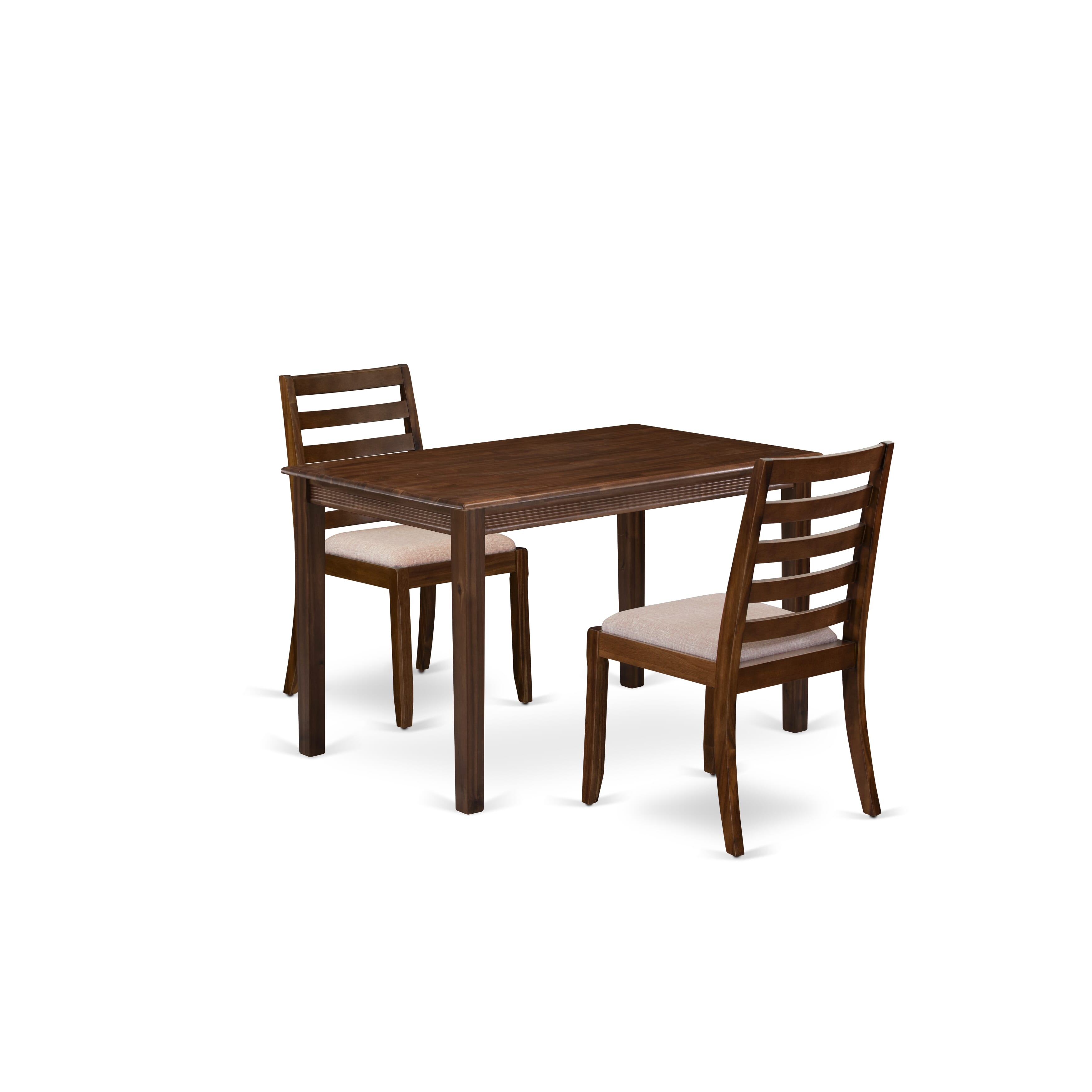 East West Furniture YAX13-AWA-04 - El juego de mesa de cocina de 3 piezas consta de una mesa de desayuno con tapa de nogal antiguo y 2 sillas apilables con tela de lino marrón claro - Nogal antiguo